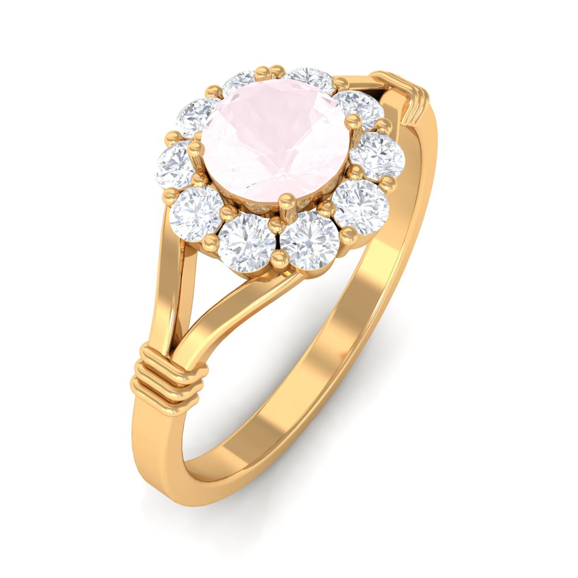 1 CT Rose Quartz Flower Engagement Ring with Diamond Halo in Split Shank Rose Quartz - ( AAA ) - Quality - Rosec Jewels