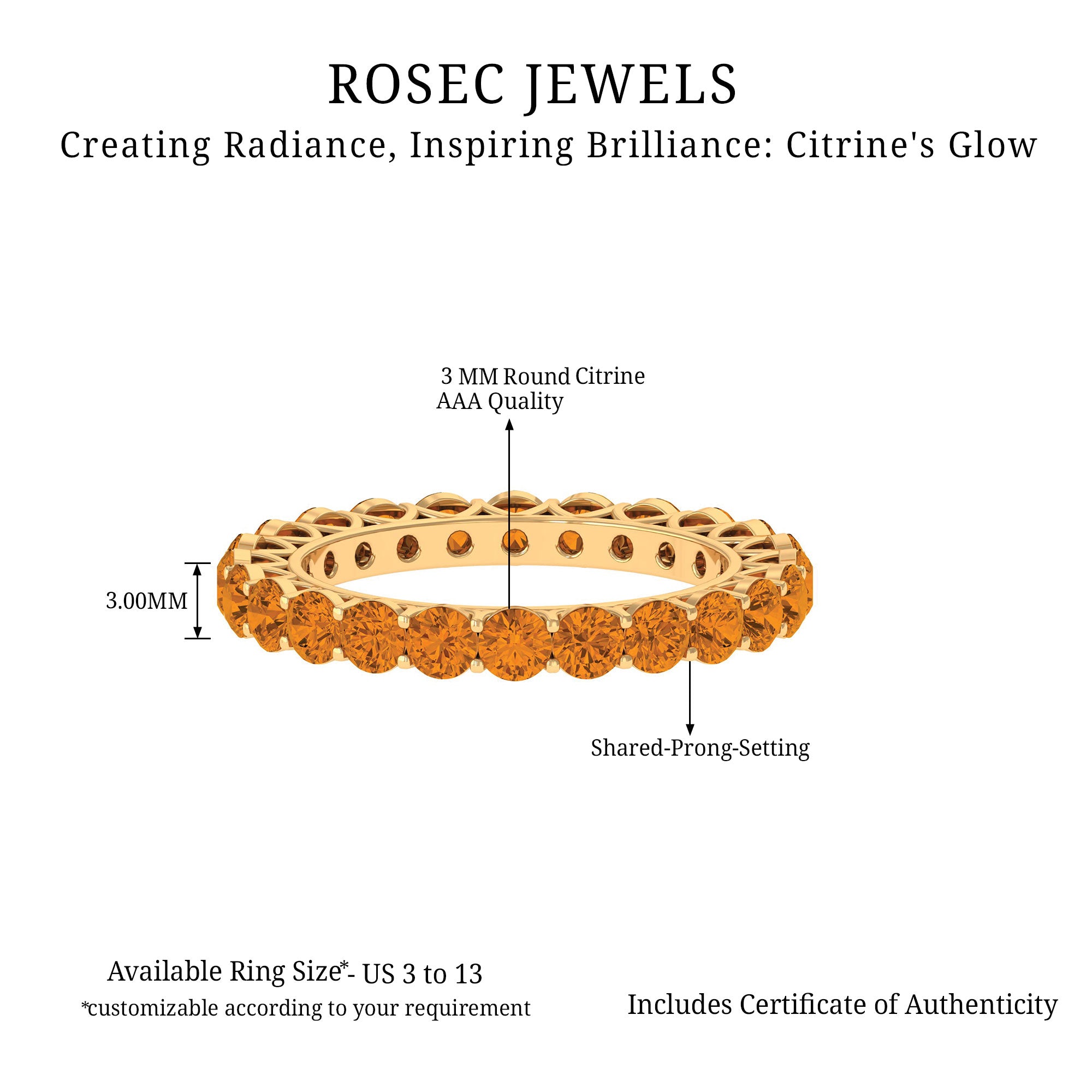 Round Citrine Simple Full Eternity Band Ring Citrine - ( AAA ) - Quality - Rosec Jewels