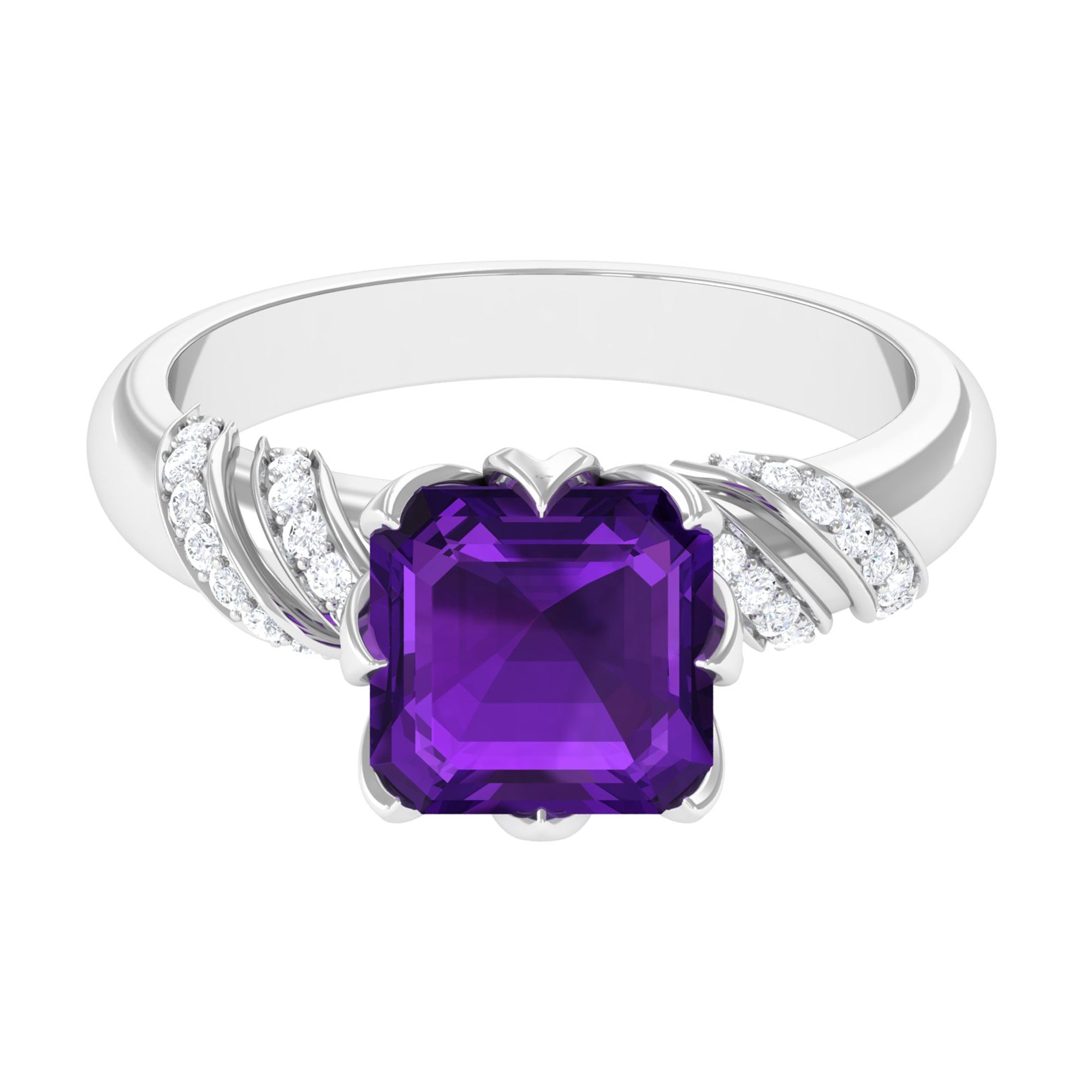 Asscher Cut Amethyst Designer Engagement Ring with Diamond Amethyst - ( AAA ) - Quality - Rosec Jewels