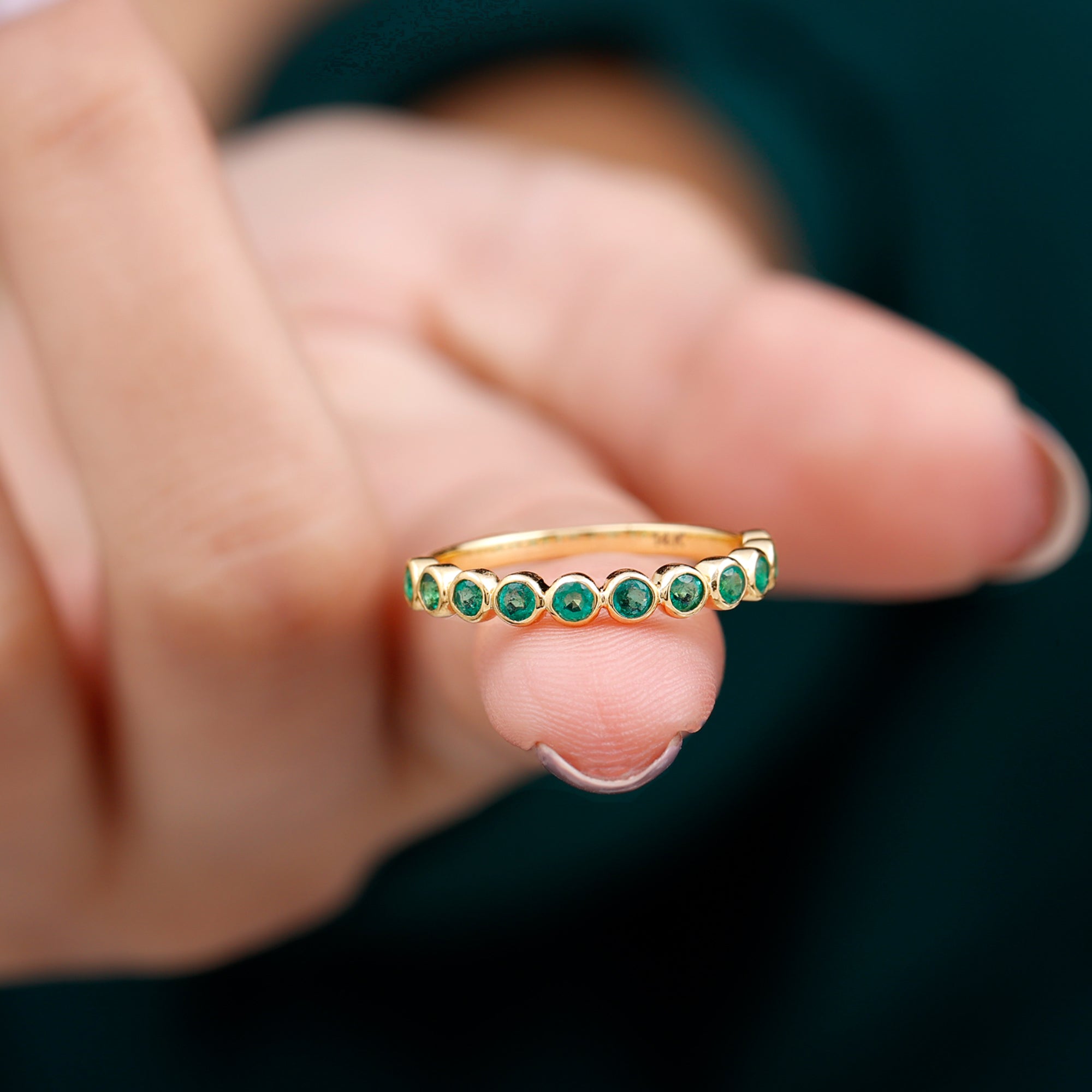 Round Shape Emerald Half Eternity Ring in Bezel Setting Emerald - ( AAA ) - Quality - Rosec Jewels