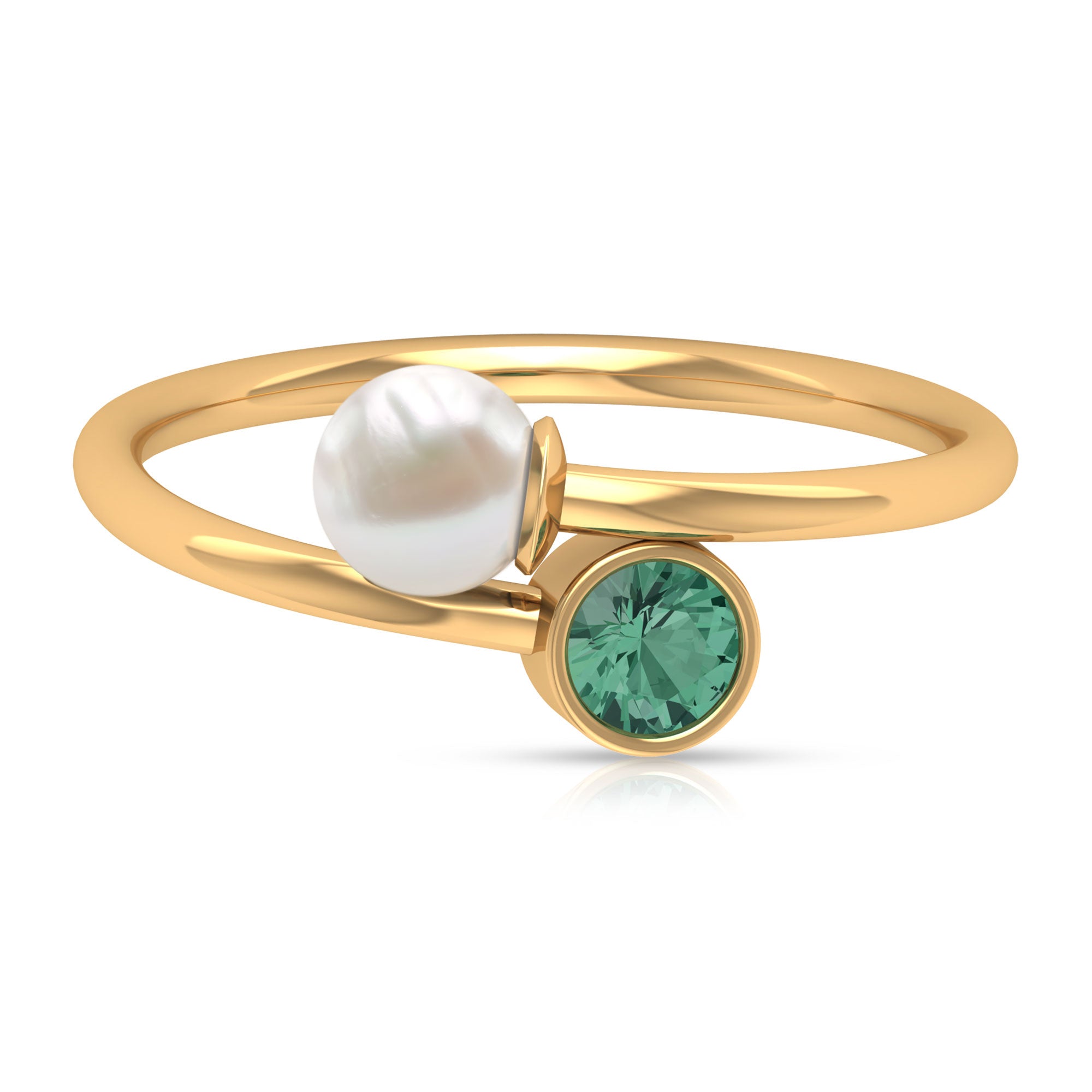 Green Sapphire and Freshwater Pearl 2 Stone Ring in Gold Freshwater Pearl - ( AAA ) - Quality - Rosec Jewels