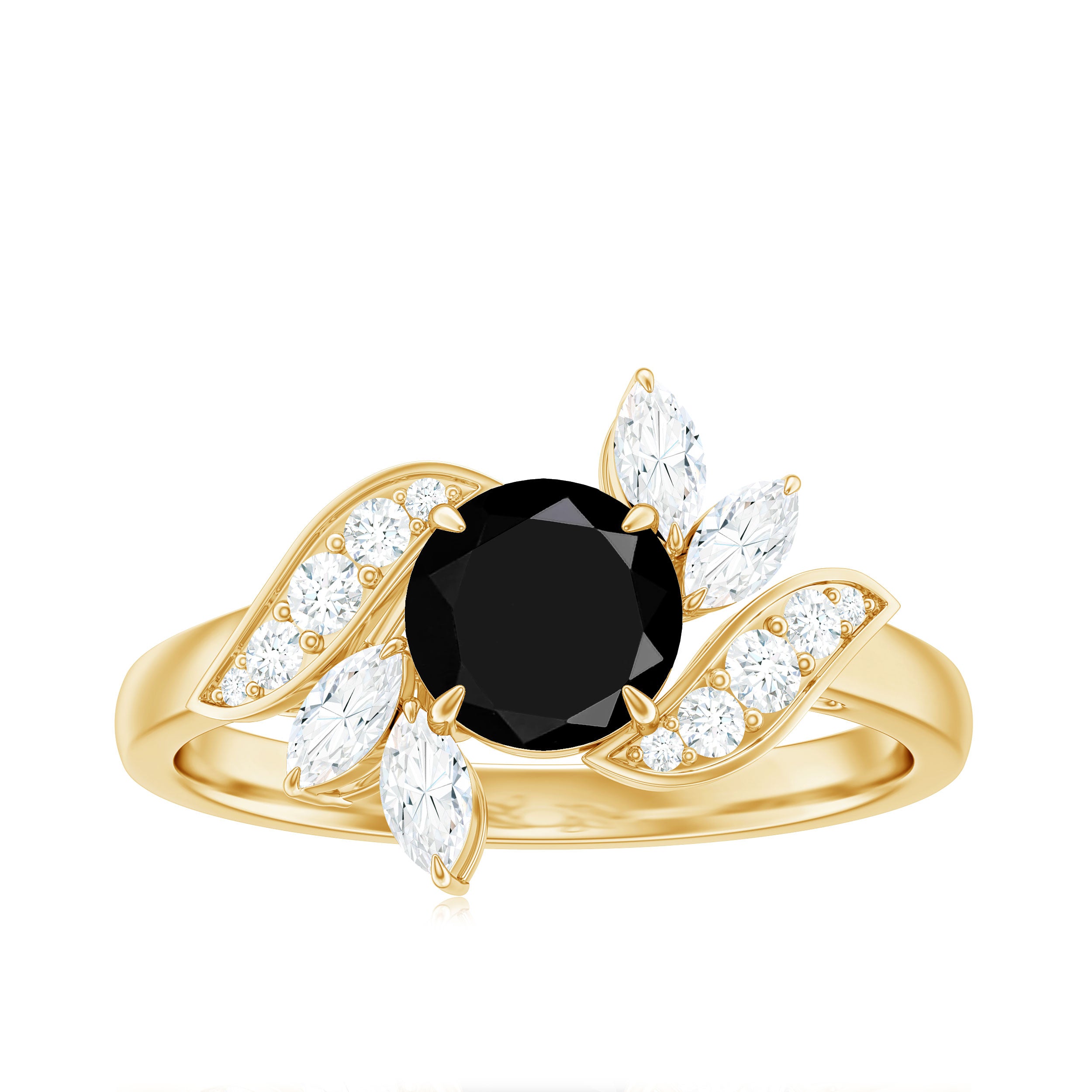 Lab-Created Black Diamond Flower Engagement Ring with Diamond Lab Created Black Diamond - ( AAAA ) - Quality - Rosec Jewels