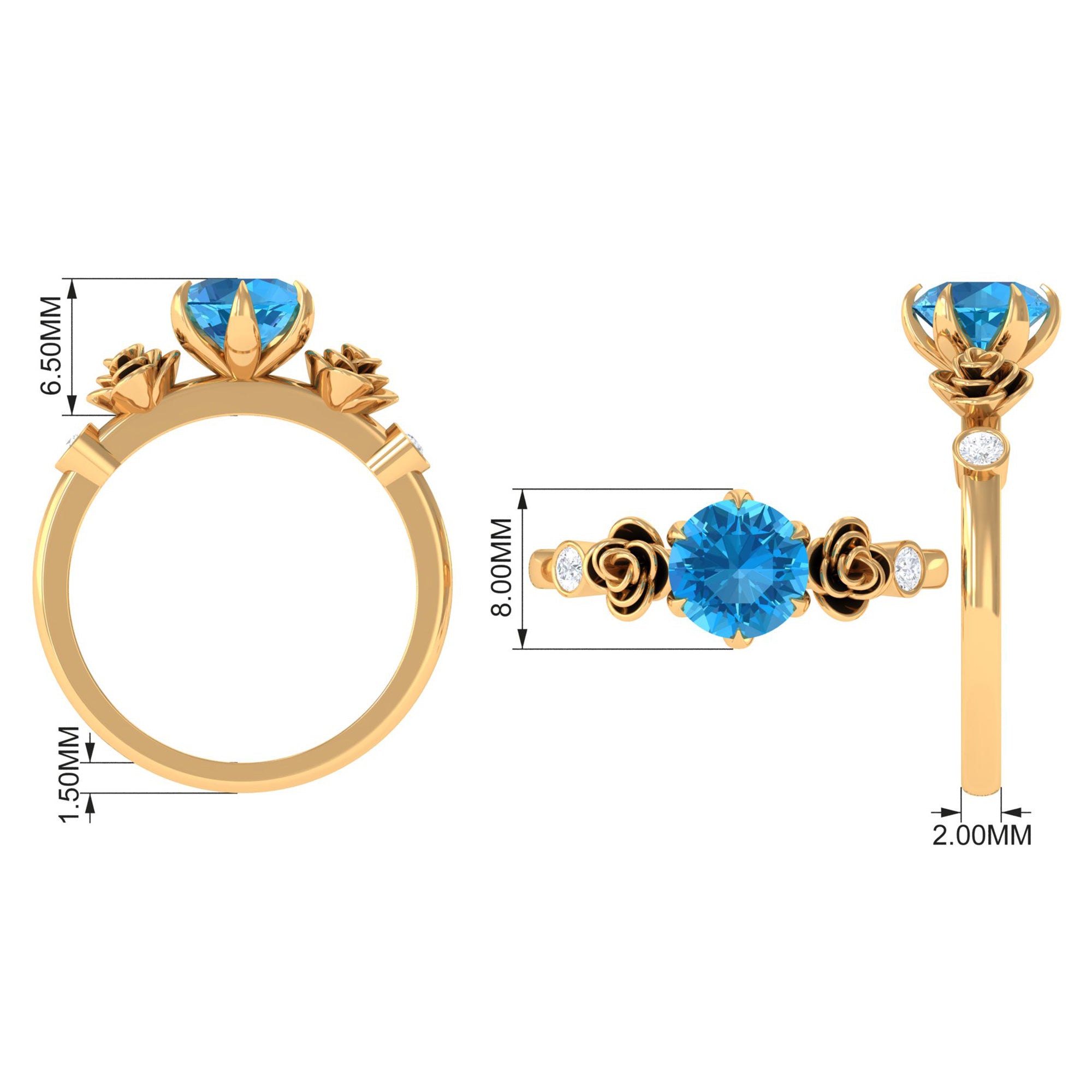 Solitaire Swiss Blue Topaz Flower Ring with Diamond Swiss Blue Topaz - ( AAA ) - Quality - Rosec Jewels