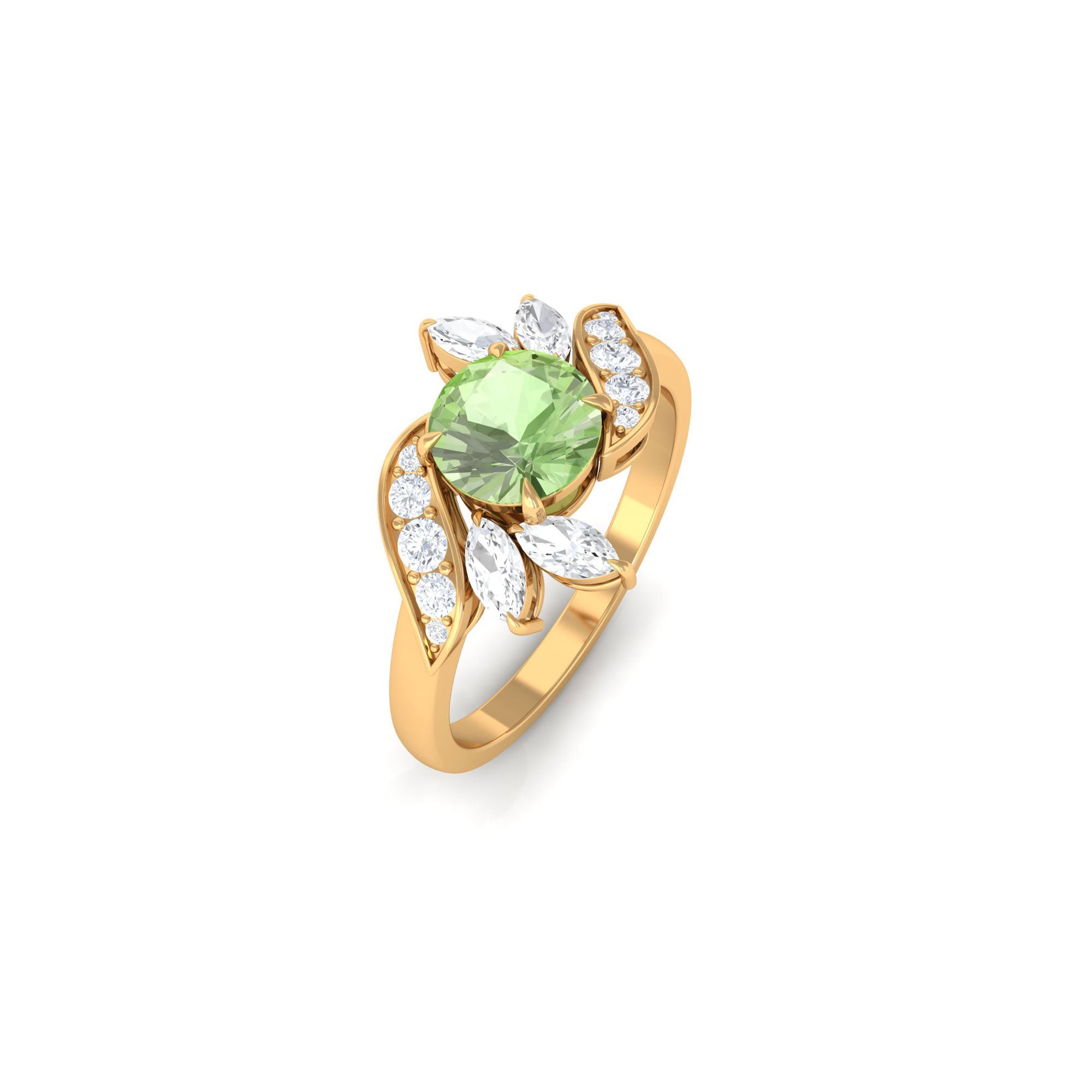 Green Sapphire Flower Engagement Ring with Diamond Green Sapphire - ( AAA ) - Quality - Rosec Jewels