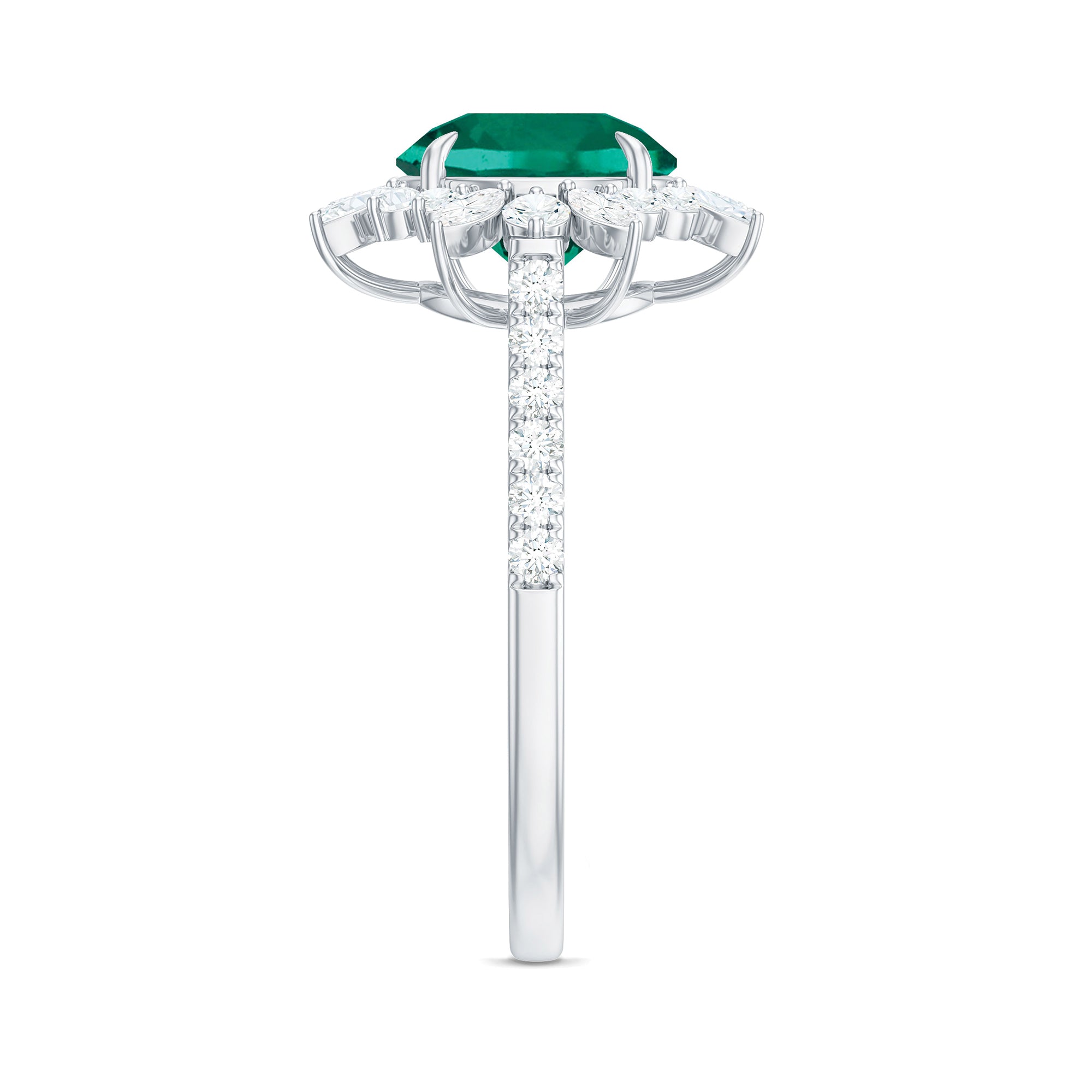 Lab-Created Emerald Cocktail Ring with Moissanite Floral Halo Lab Created Emerald - ( AAAA ) - Quality - Rosec Jewels