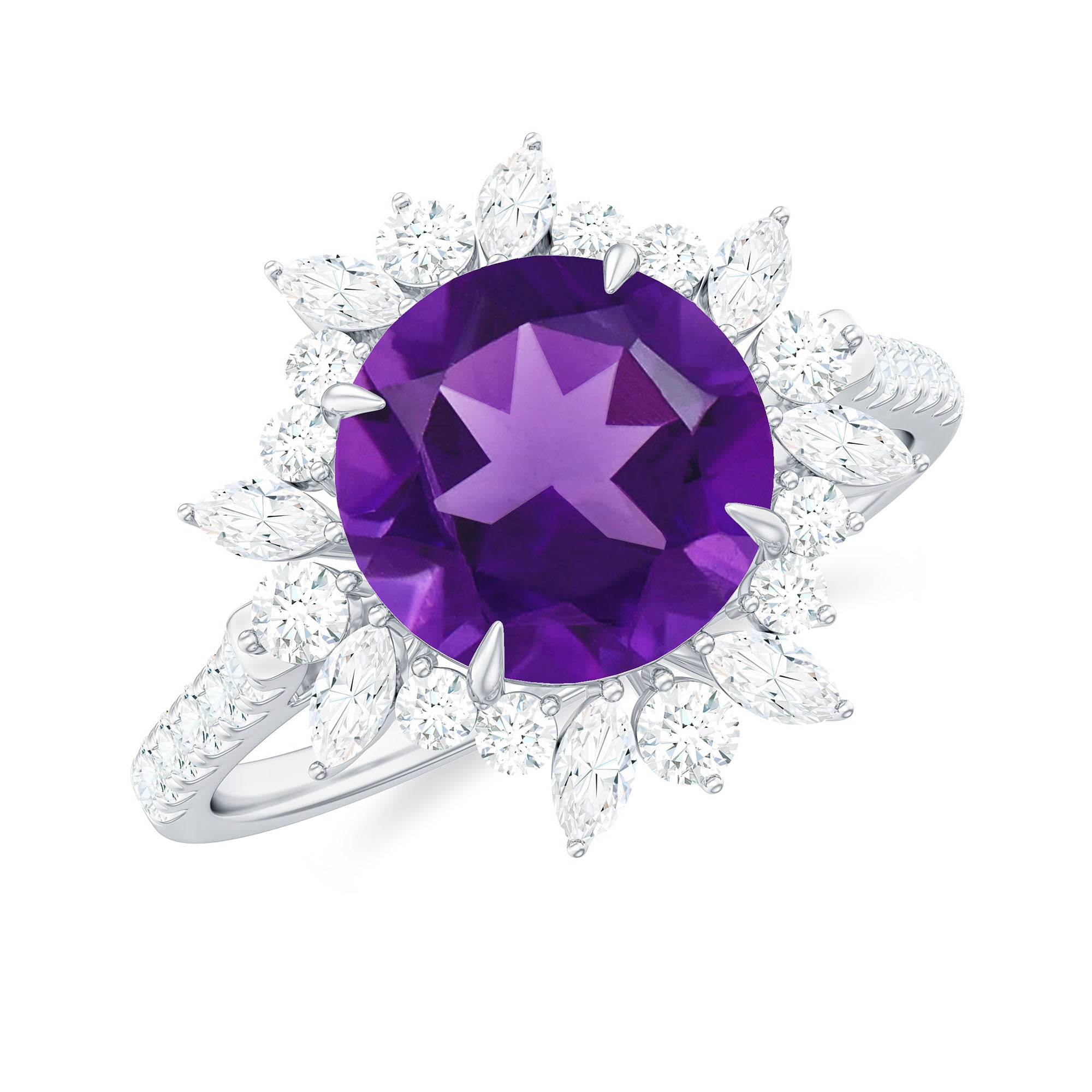 3 CT Round Amethyst Statement Ring with Moissanite Floral Halo Amethyst - ( AAA ) - Quality - Rosec Jewels