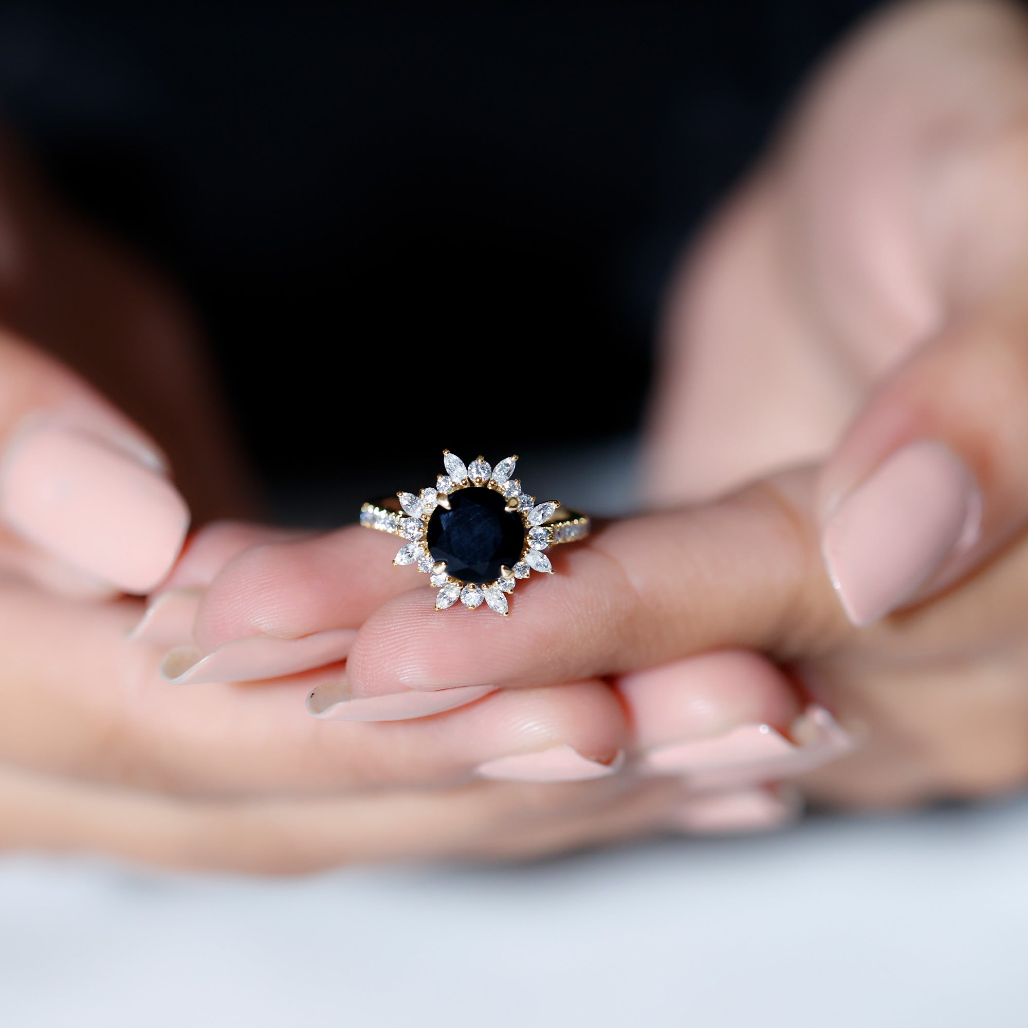 3 CT Round Black Onyx Statement Ring with Moissanite Floral Halo Black Onyx - ( AAA ) - Quality - Rosec Jewels