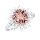 Round Morganite Statement Engagement Ring with Moissanite Floral Halo Morganite - ( AAA ) - Quality - Rosec Jewels