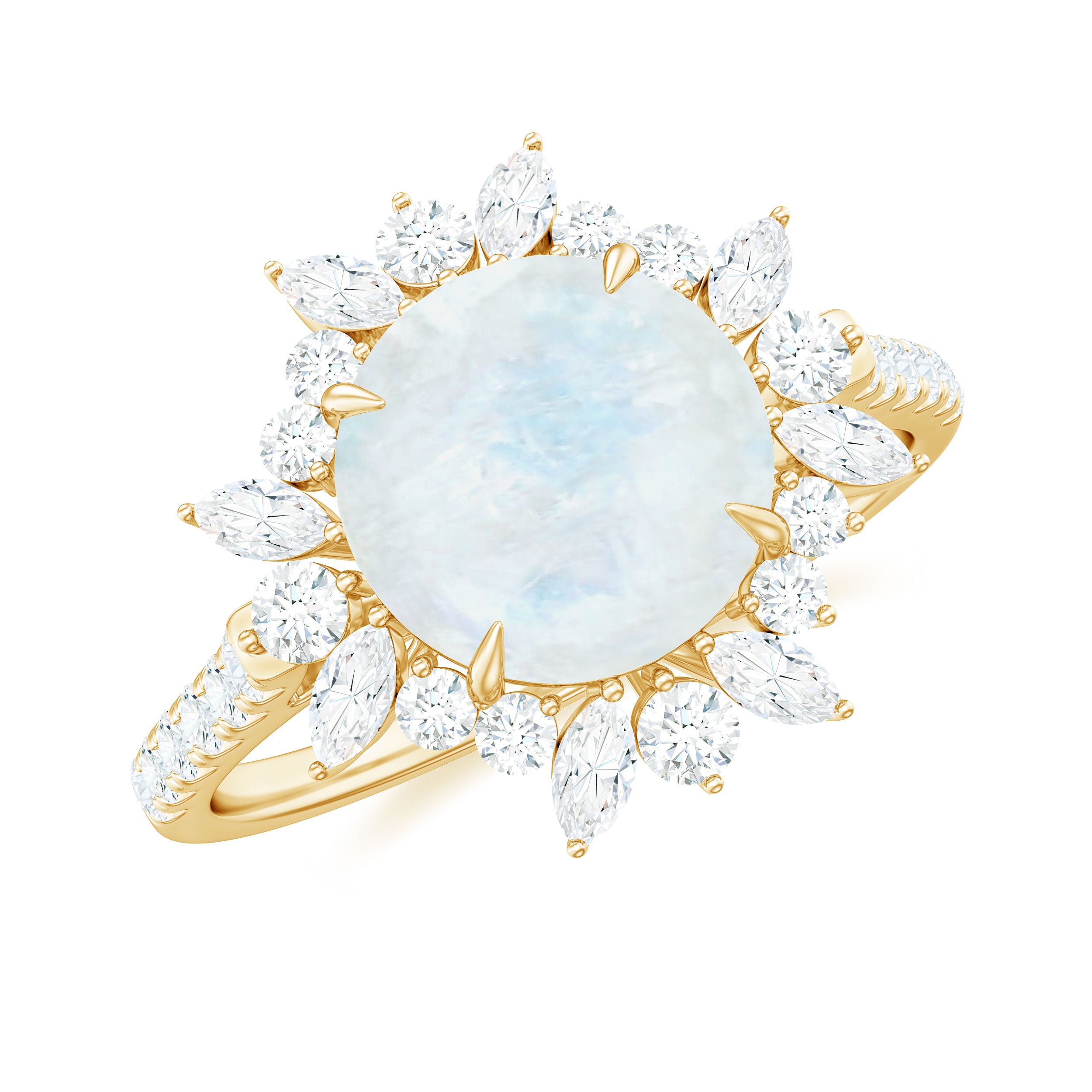 Round Moonstone Statement Ring with Moissanite Floral Halo Moonstone - ( AAA ) - Quality - Rosec Jewels