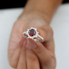 Round Garnet Statement Ring with Diamond Floral Halo Garnet - ( AAA ) - Quality - Rosec Jewels