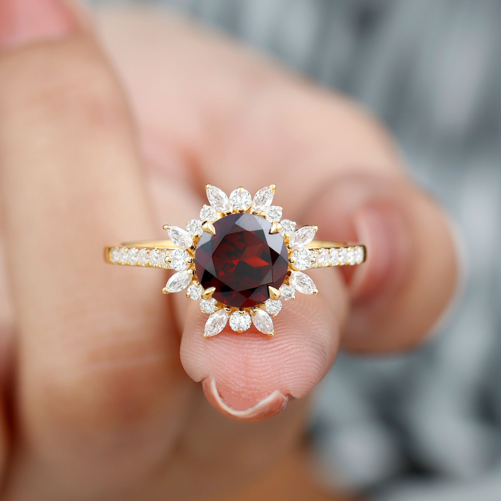 Round Garnet Statement Ring with Diamond Floral Halo Garnet - ( AAA ) - Quality - Rosec Jewels