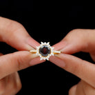 Round Garnet Statement Ring with Diamond Floral Halo Garnet - ( AAA ) - Quality - Rosec Jewels