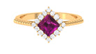 Princess Cut Rhodolite and Moissanite Halo Ring with Beaded Gold Rhodolite - ( AAA ) - Quality - Rosec Jewels