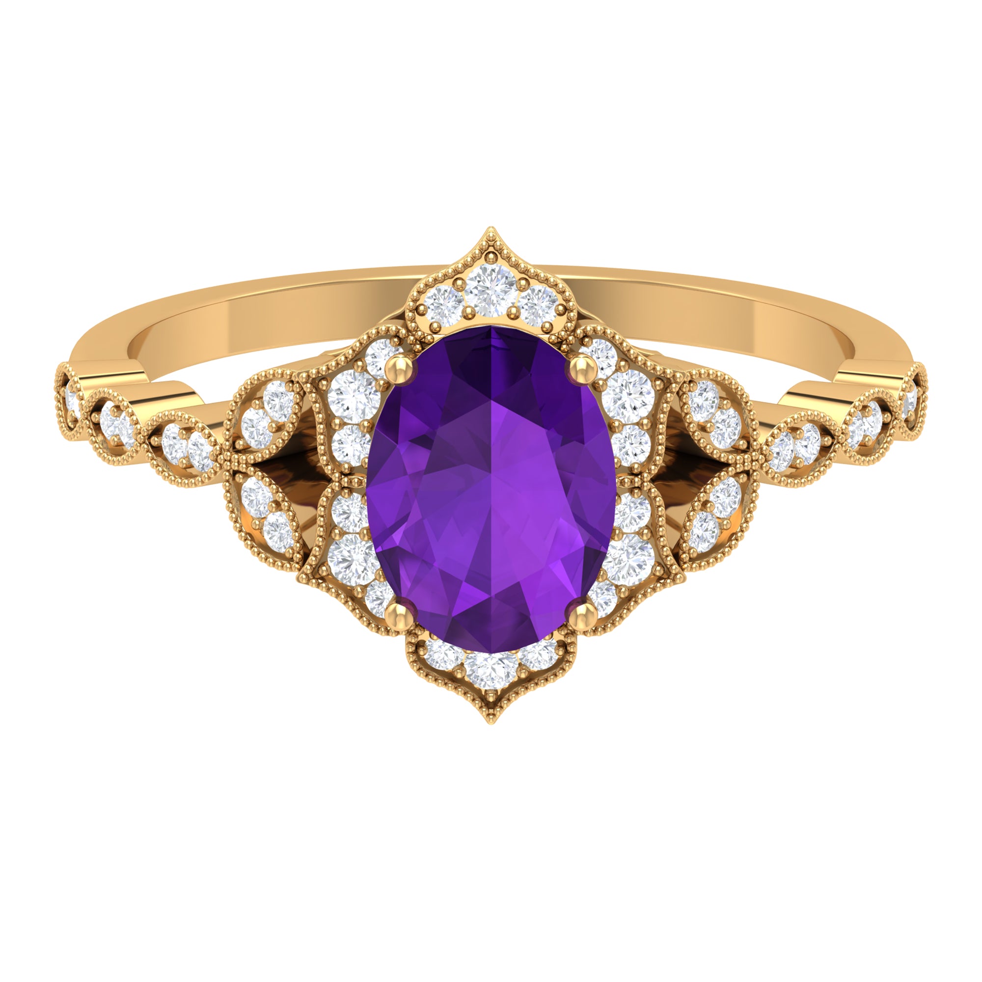Solitaire Amethyst Engagement Ring with Diamond Accent Amethyst - ( AAA ) - Quality - Rosec Jewels