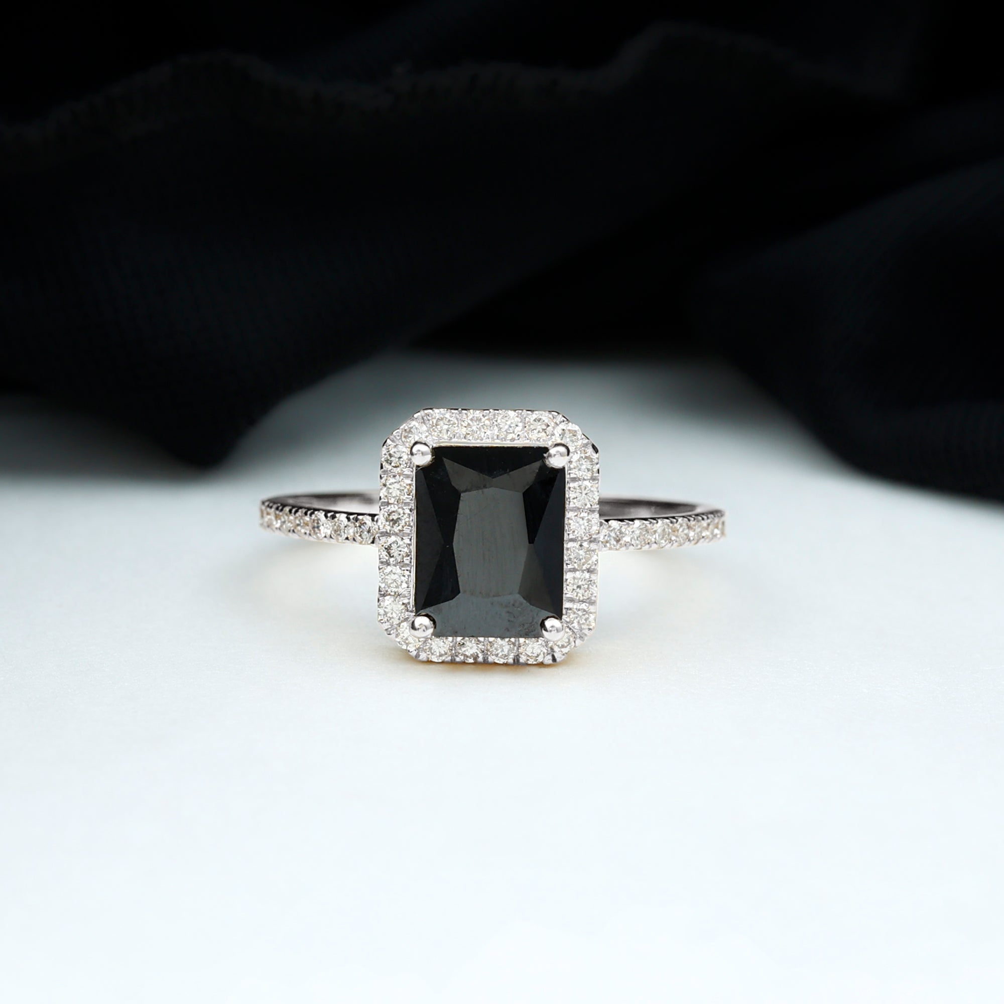 Emerald Cut Black Onyx Halo Engagement Ring with Diamond Black Onyx - ( AAA ) - Quality - Rosec Jewels