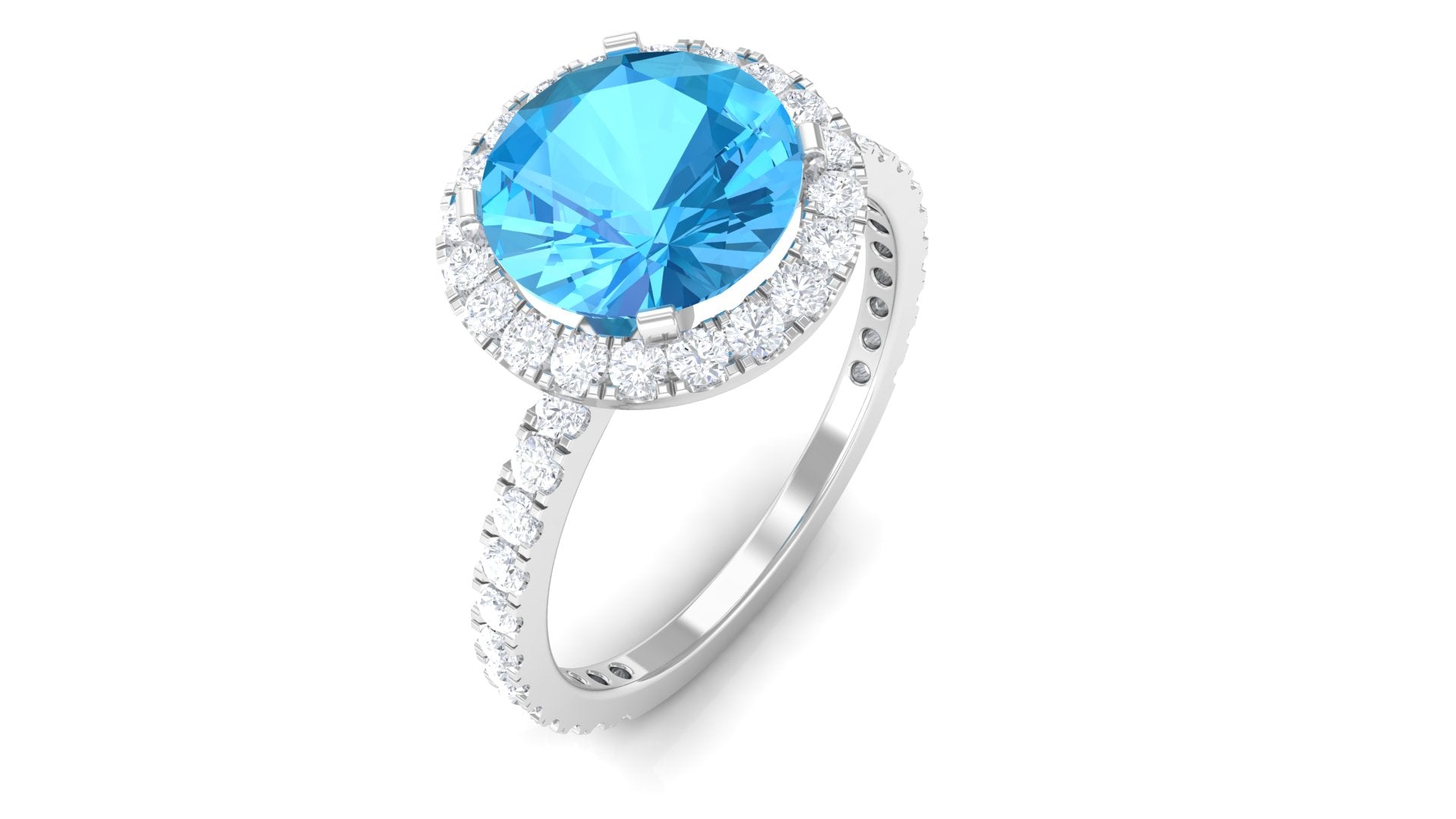 Real Swiss Blue Topaz Halo Engagement Ring with Diamond Swiss Blue Topaz - ( AAA ) - Quality - Rosec Jewels