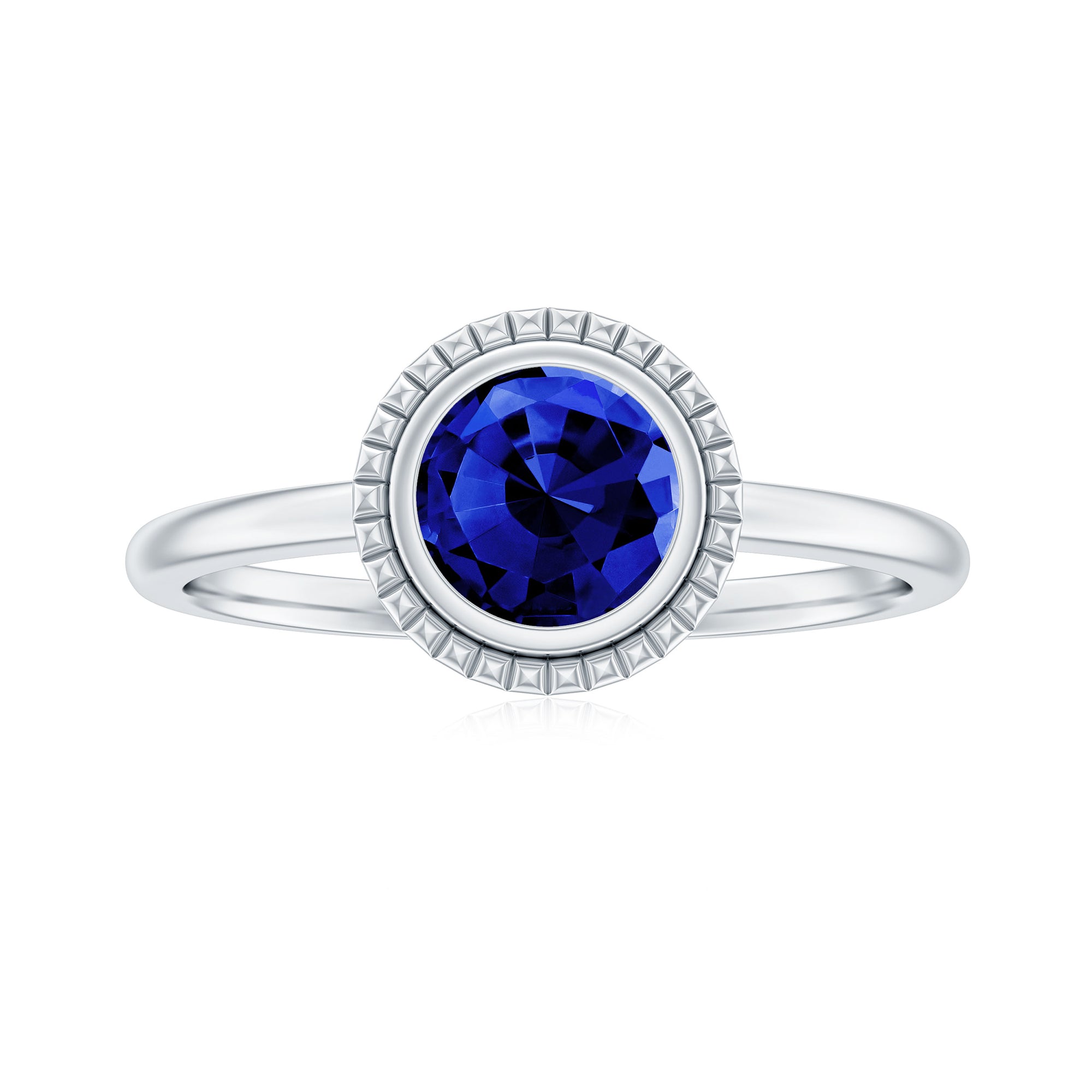 Round Lab-Created Blue Sapphire Solitaire Gold Ring in Bezel Setting Lab Created Blue Sapphire - ( AAAA ) - Quality - Rosec Jewels