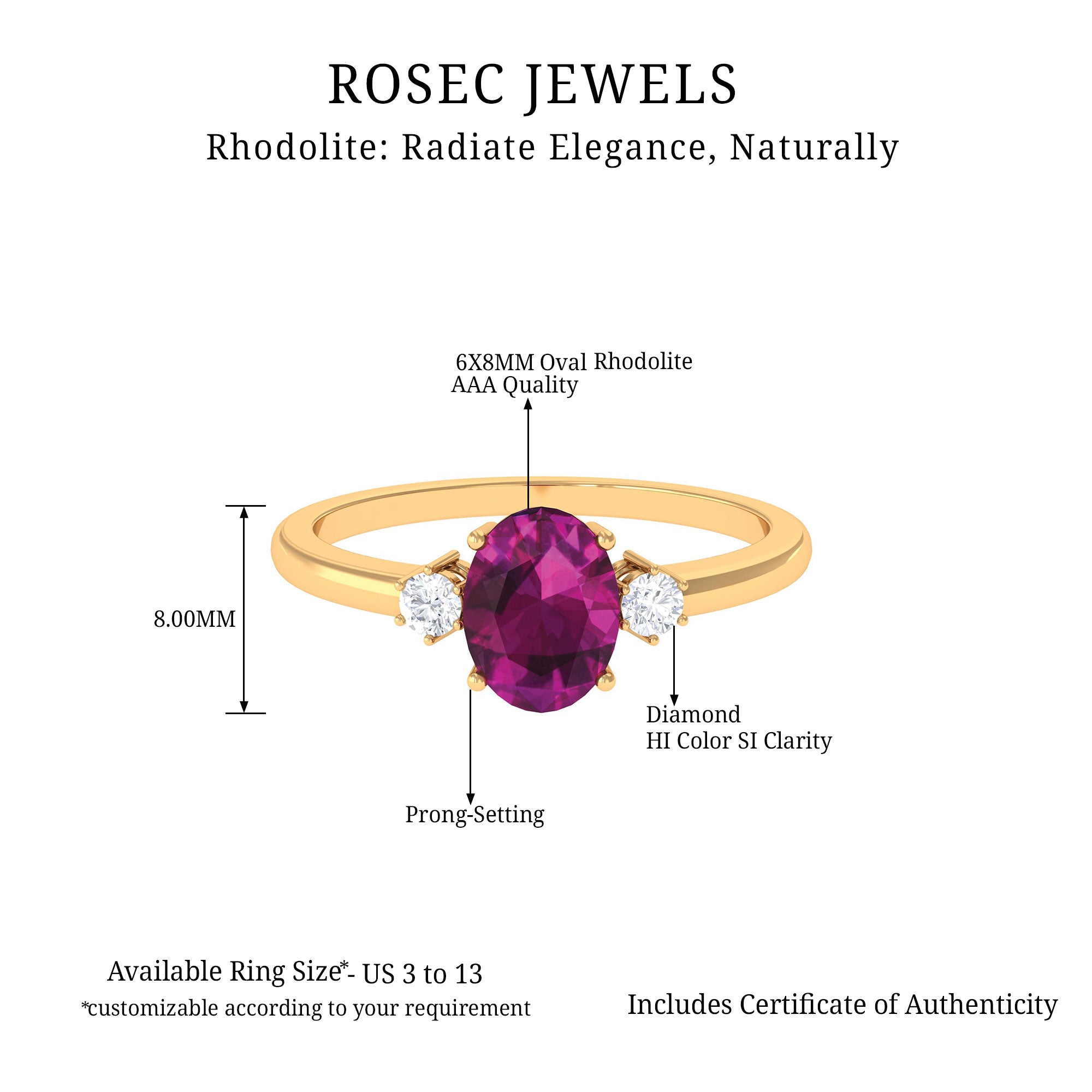 1.75 CT Oval Rhodolite Solitaire Engagement Ring with Moissanite in Gold Rhodolite - ( AAA ) - Quality - Rosec Jewels