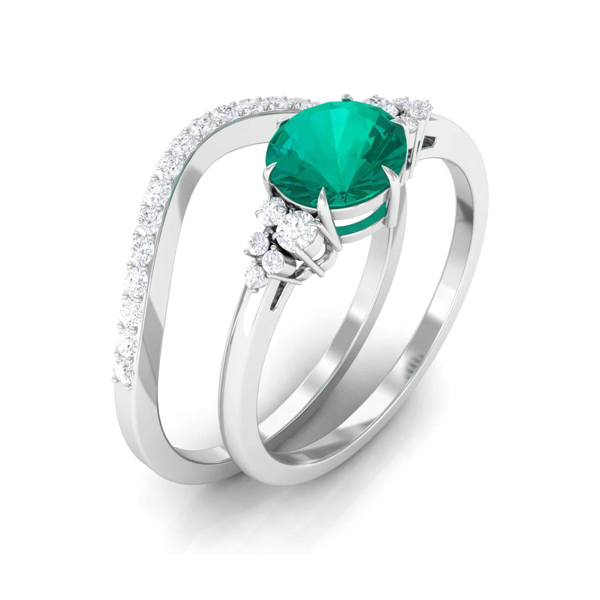 Minimal Emerald and Diamond Bridal Ring Set Emerald - ( AAA ) - Quality - Rosec Jewels