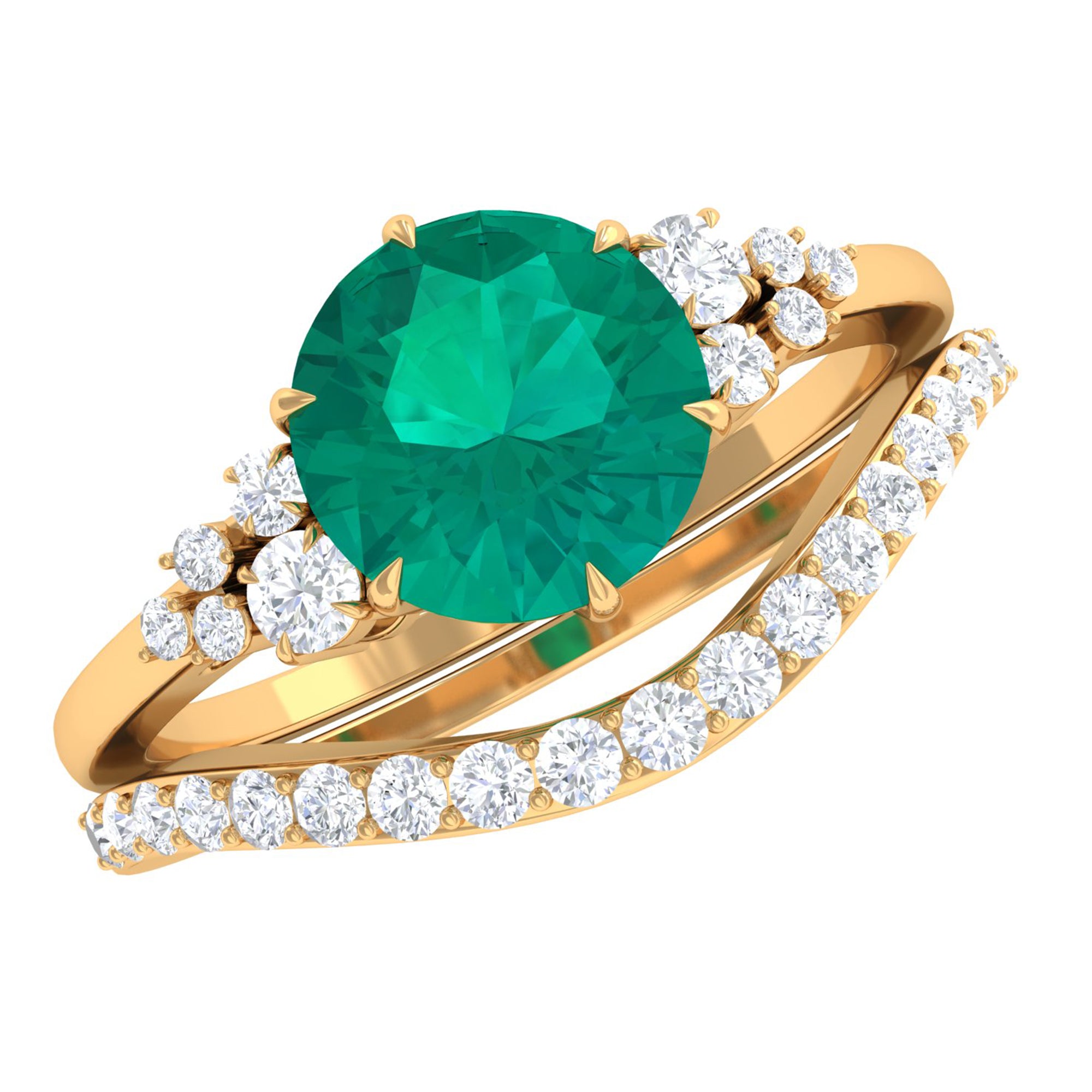 Minimal Emerald and Diamond Bridal Ring Set Emerald - ( AAA ) - Quality - Rosec Jewels