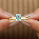 Solitaire Engagement Ring with Emerald Cut Sky Blue Topaz and Diamond Sky Blue Topaz - ( AAA ) - Quality - Rosec Jewels