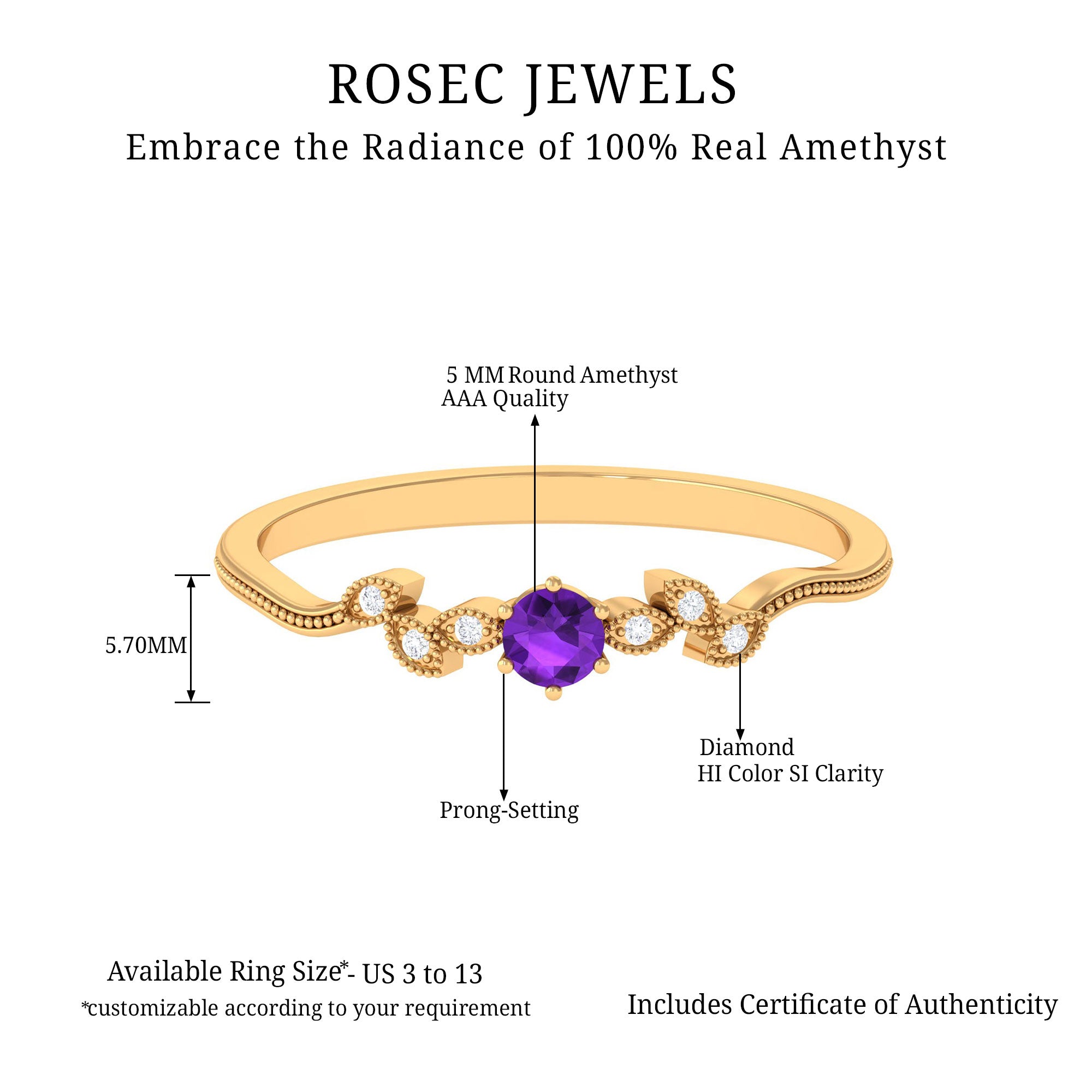 Amethyst and Diamond Leaf Promise Ring with Beaded Detailing Amethyst - ( AAA ) - Quality - Rosec Jewels