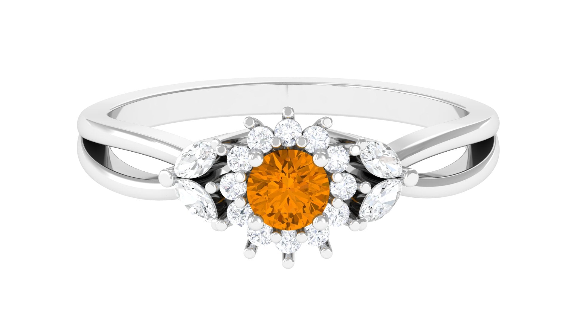 Split Shank Citrine Flower Engagement Ring with Diamond Citrine - ( AAA ) - Quality - Rosec Jewels