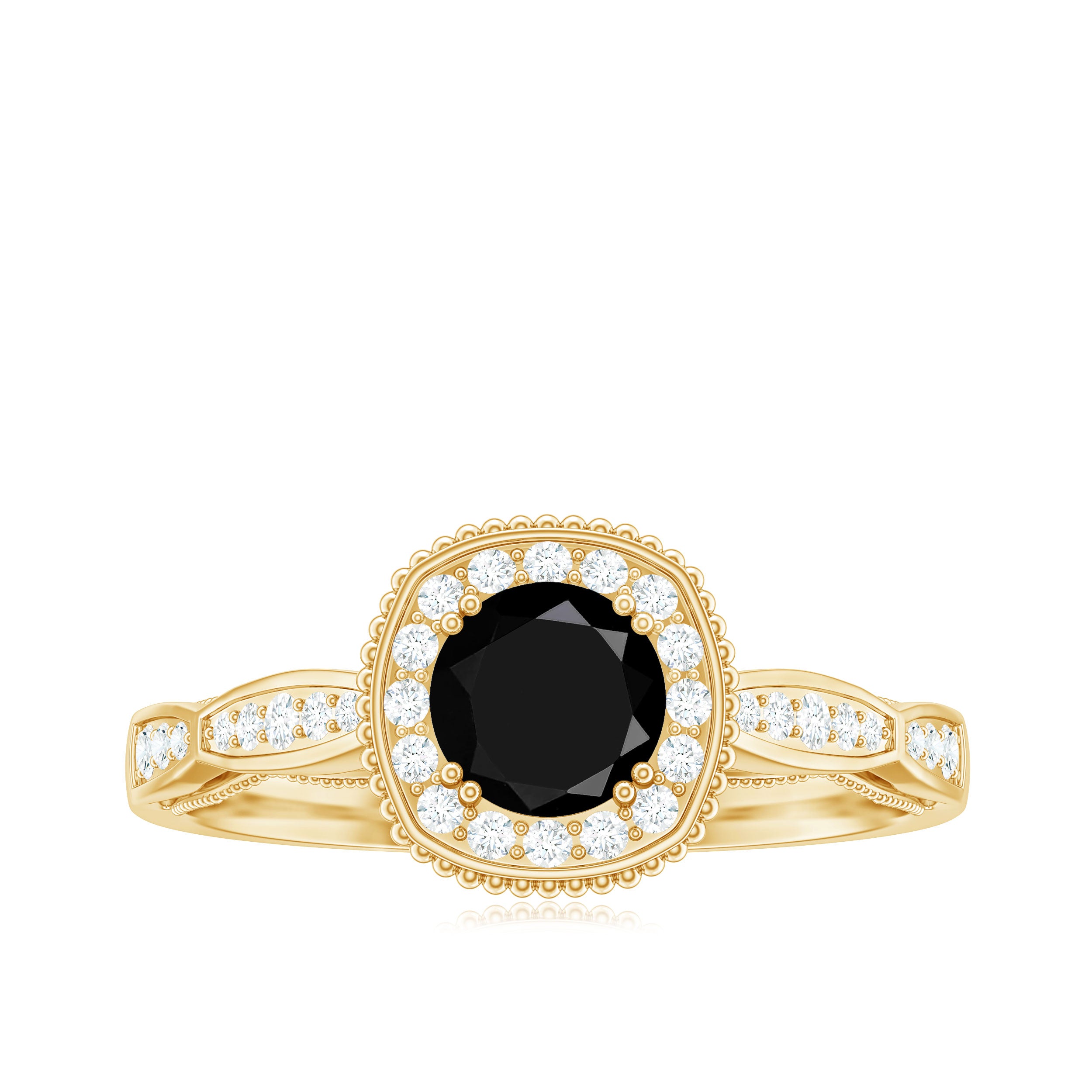 Vintage Inspired Black Onyx Engagement Ring with Diamond Halo Black Onyx - ( AAA ) - Quality - Rosec Jewels