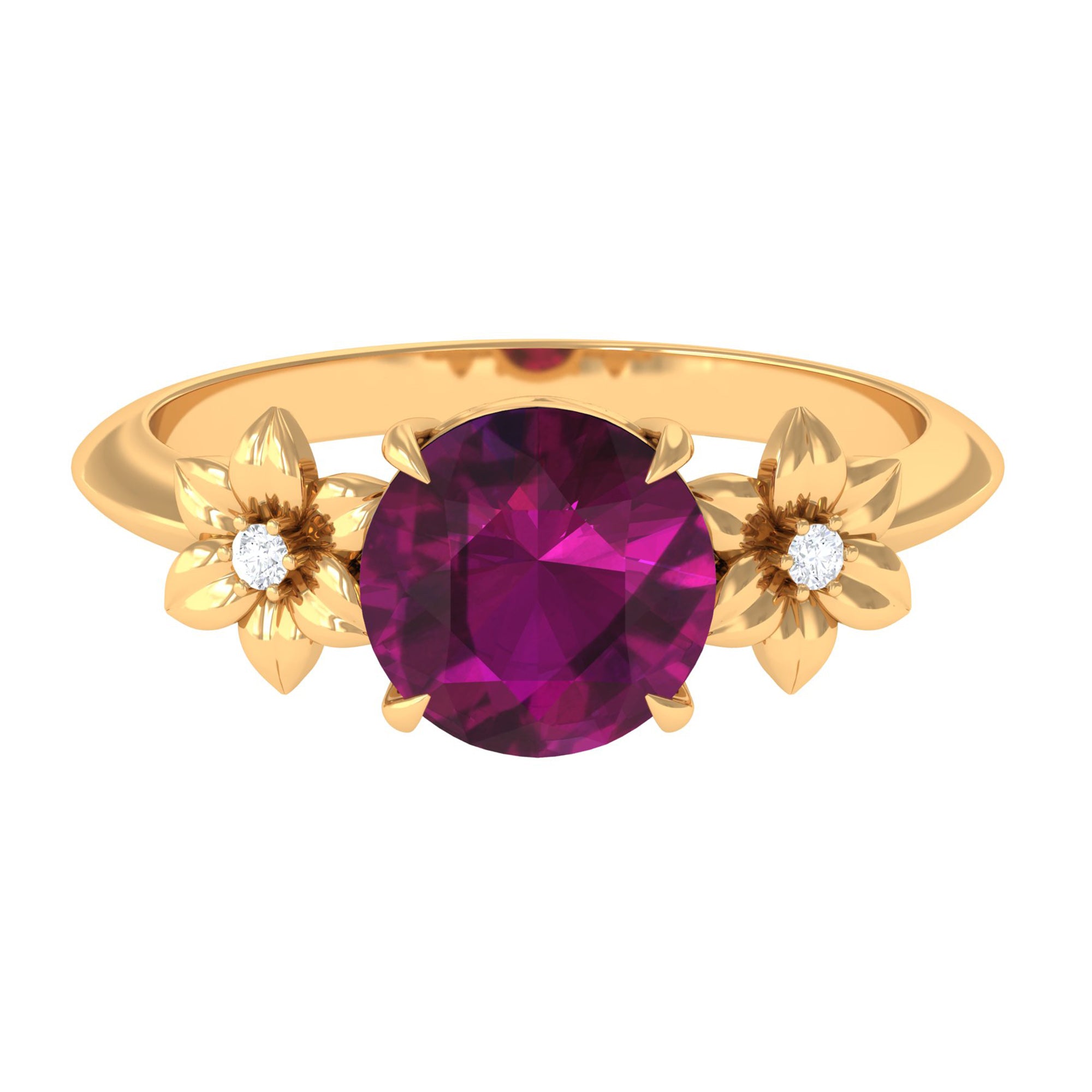 Round Rhodolite Solitaire Flower Engagement Ring with Diamond Rhodolite - ( AAA ) - Quality - Rosec Jewels