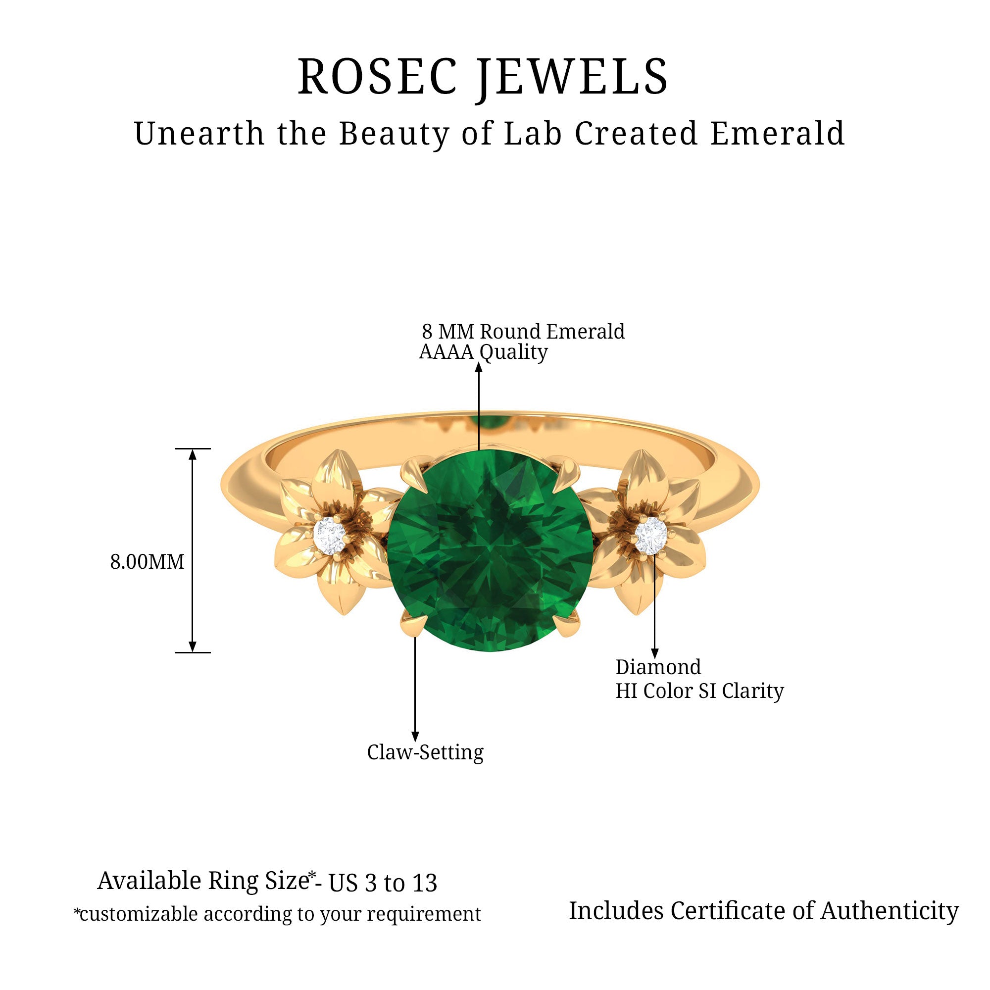 Created Emerald Solitaire Flower Engagement Ring with Diamond Lab Created Emerald - ( AAAA ) - Quality - Rosec Jewels