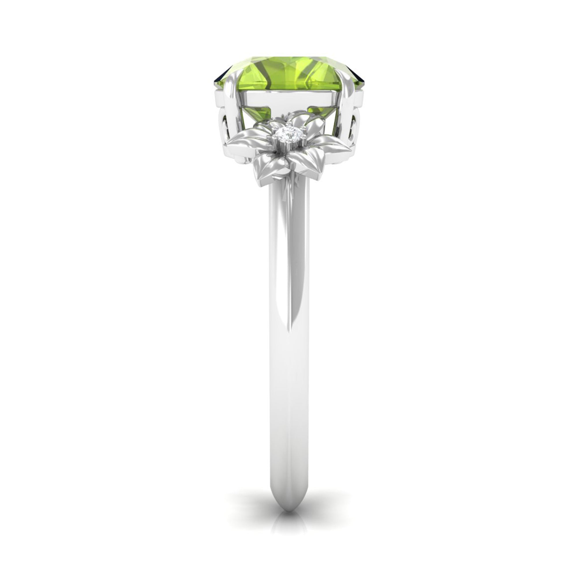 Round Peridot Solitaire Flower Engagement Ring with Diamond Peridot - ( AAA ) - Quality - Rosec Jewels