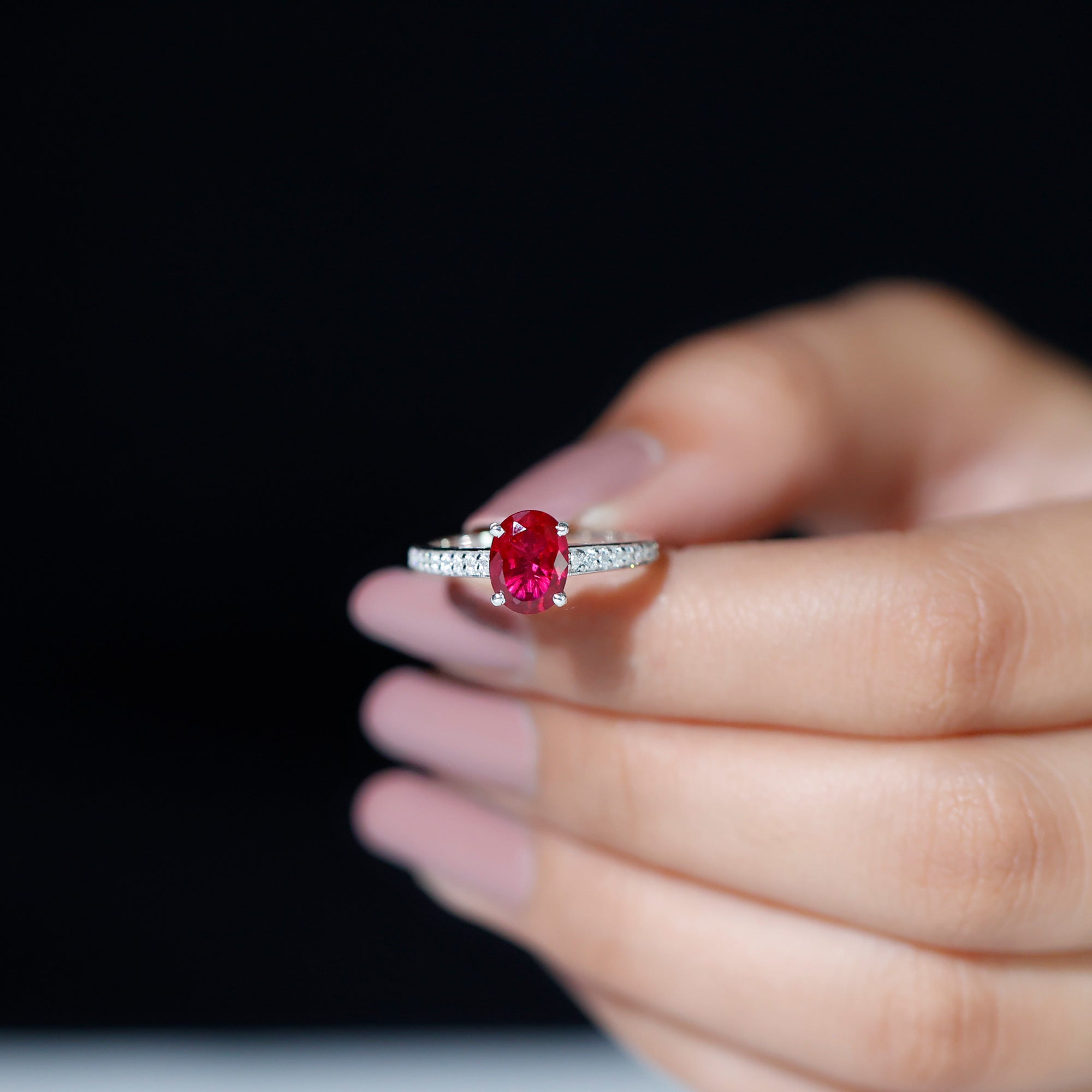 Oval Lab Grown Ruby Solitaire Ring with Moissanite Side Stones Lab Created Ruby - ( AAAA ) - Quality 92.5 Sterling Silver 6 - Rosec Jewels