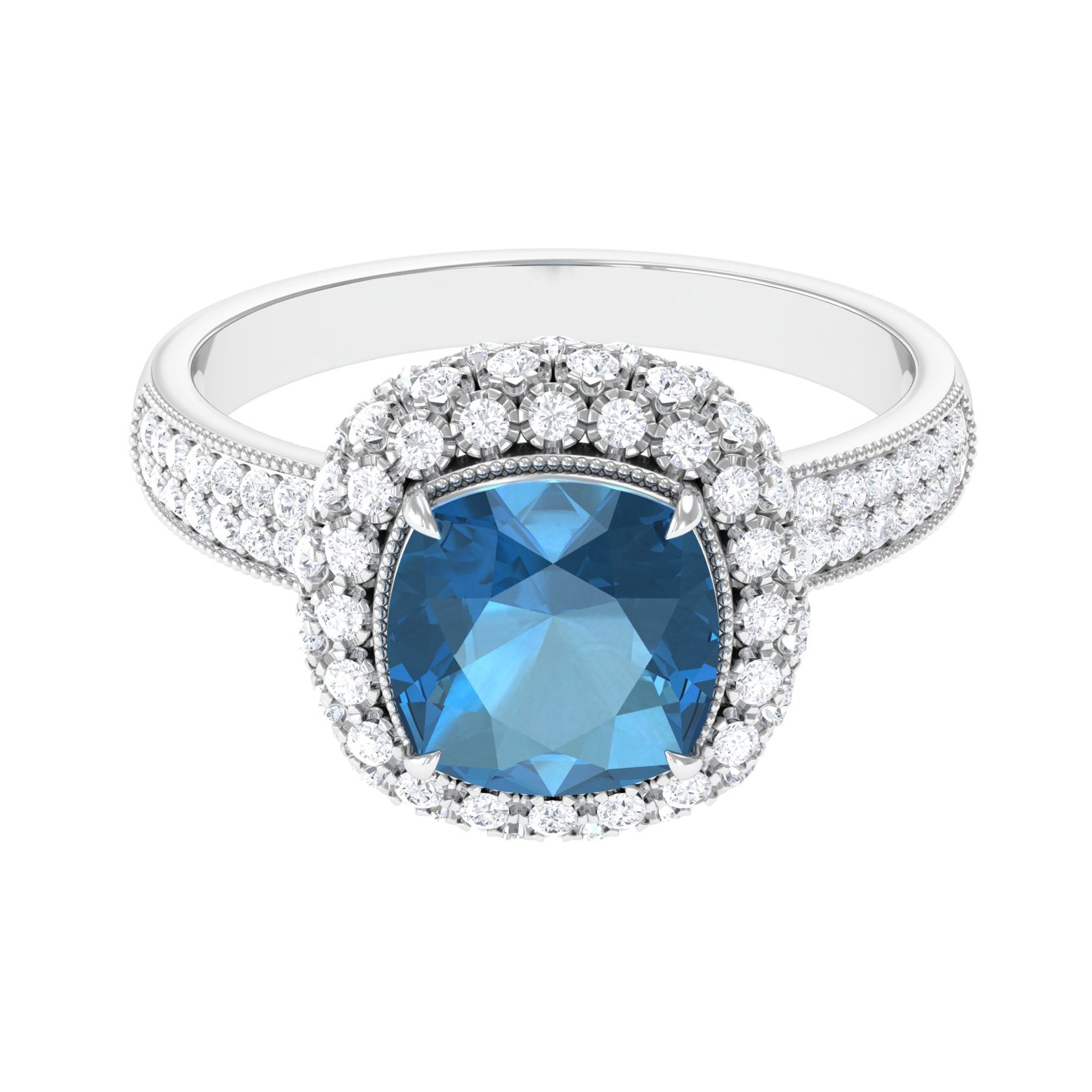 Cushion Cut London Blue Topaz Statement Engagement Ring with Moissanite London Blue Topaz - ( AAA ) - Quality - Rosec Jewels