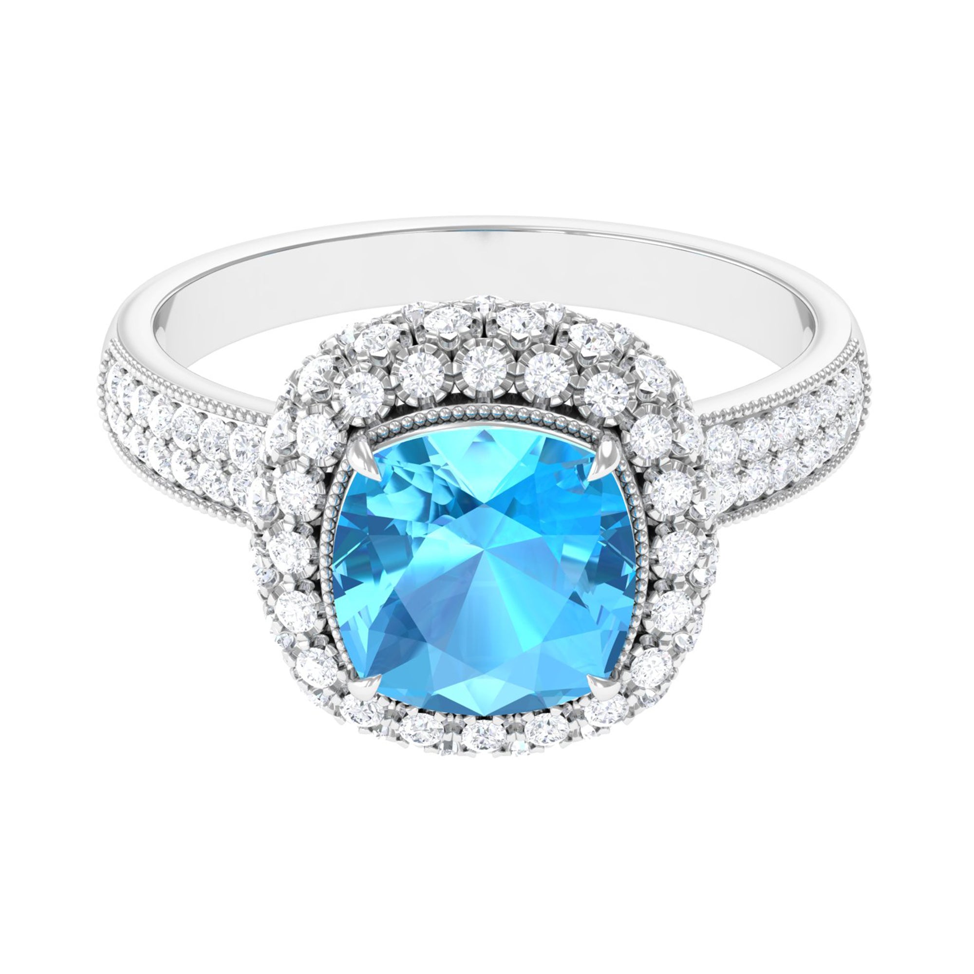 Cushion Cut Swiss Blue Topaz Statement Engagement Ring with Moissanite Swiss Blue Topaz - ( AAA ) - Quality - Rosec Jewels