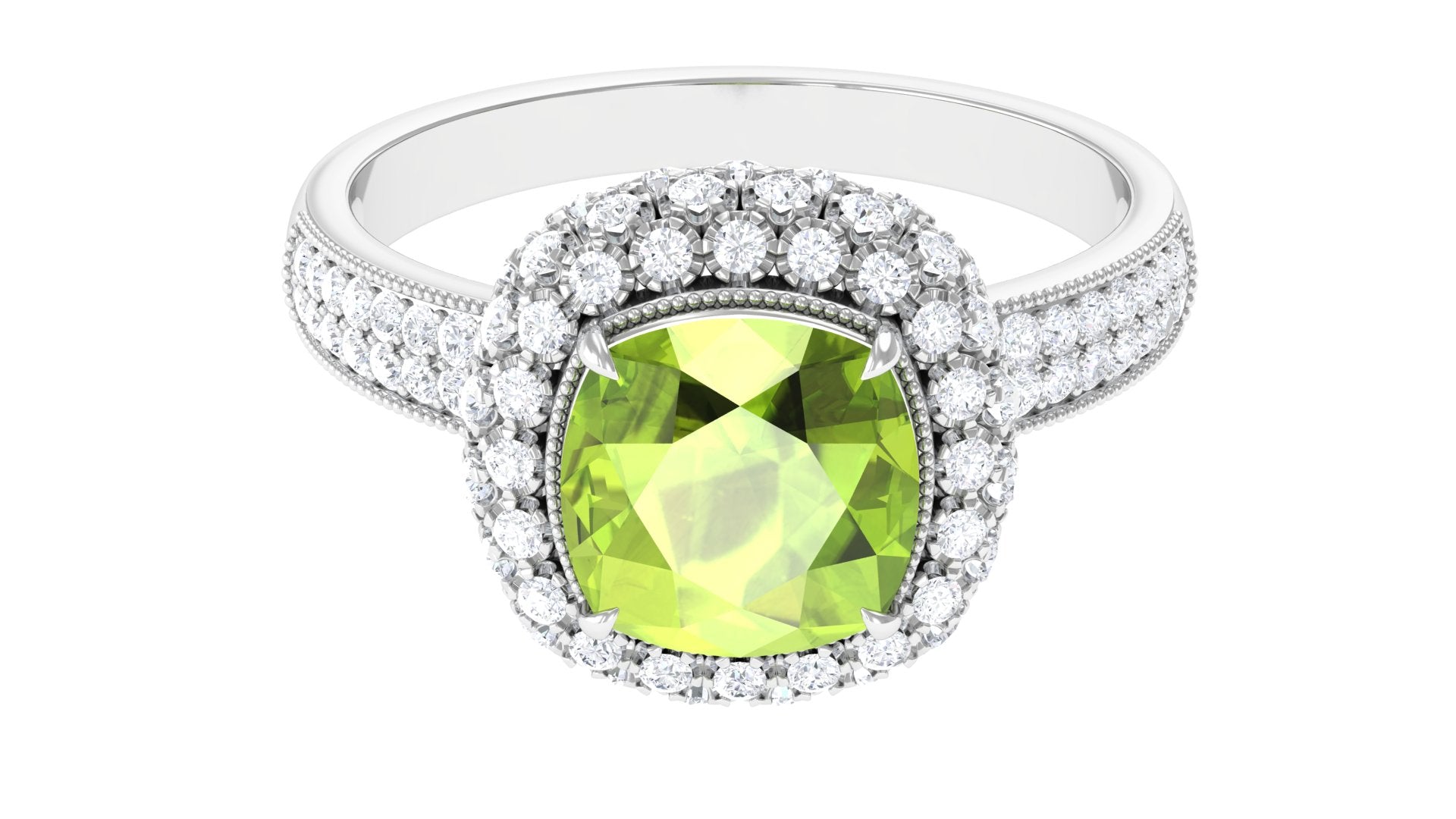 Cushion Cut Peridot Statement Engagement Ring with Moissanite Peridot - ( AAA ) - Quality - Rosec Jewels