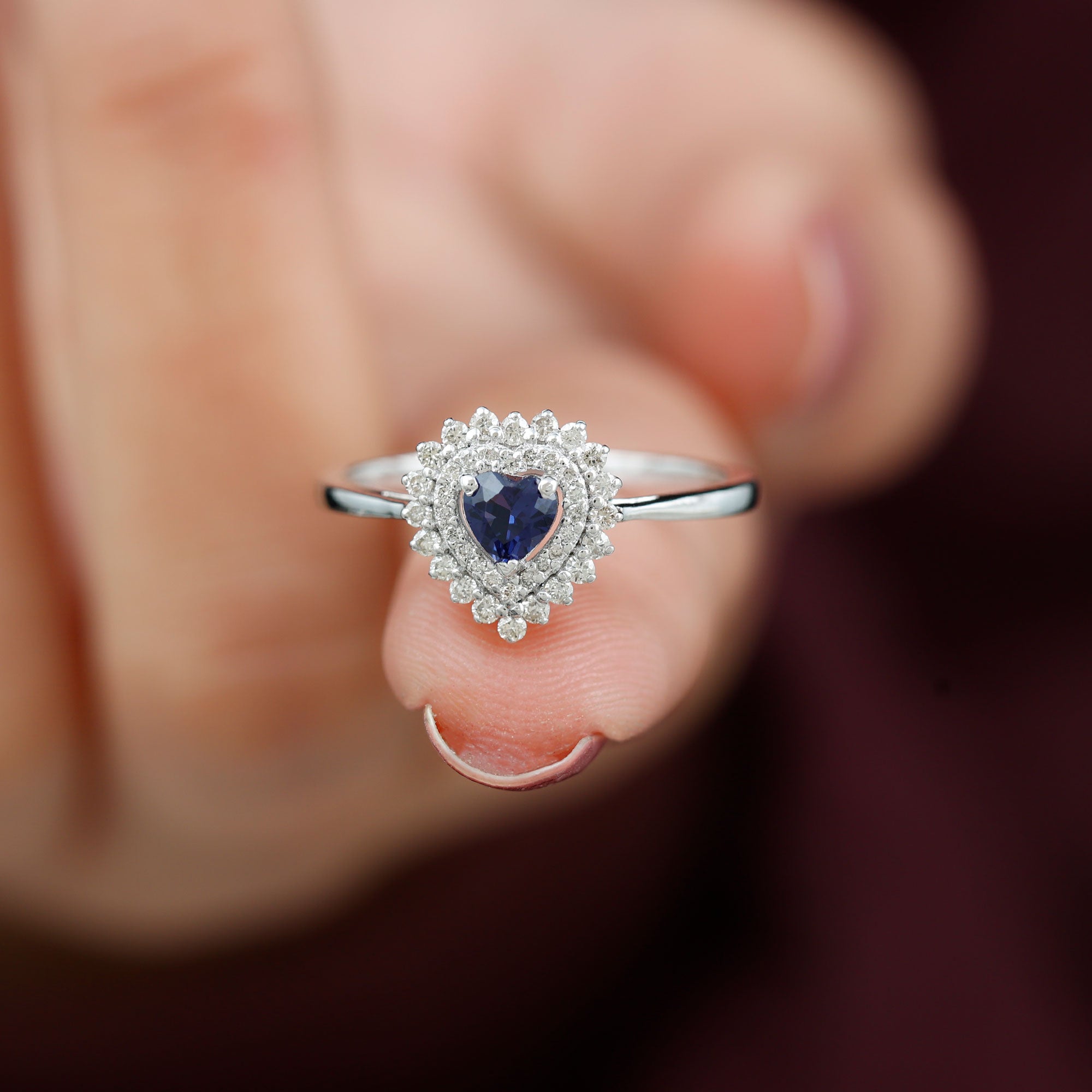 Created Blue Sapphire Heart Engagement Ring with Diamond Double Halo Lab Created Blue Sapphire - ( AAAA ) - Quality - Rosec Jewels