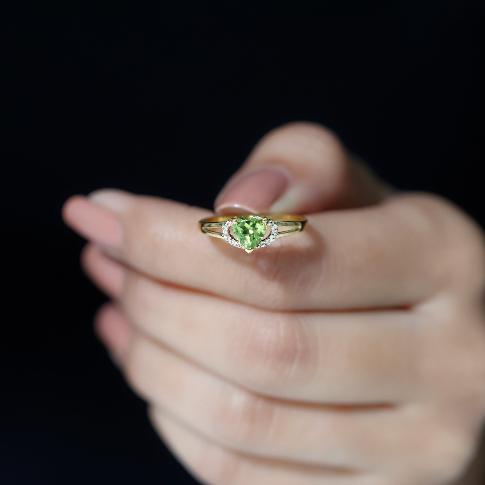 Real Peridot Heart Promise Ring with Diamond Peridot - ( AAA ) - Quality - Rosec Jewels