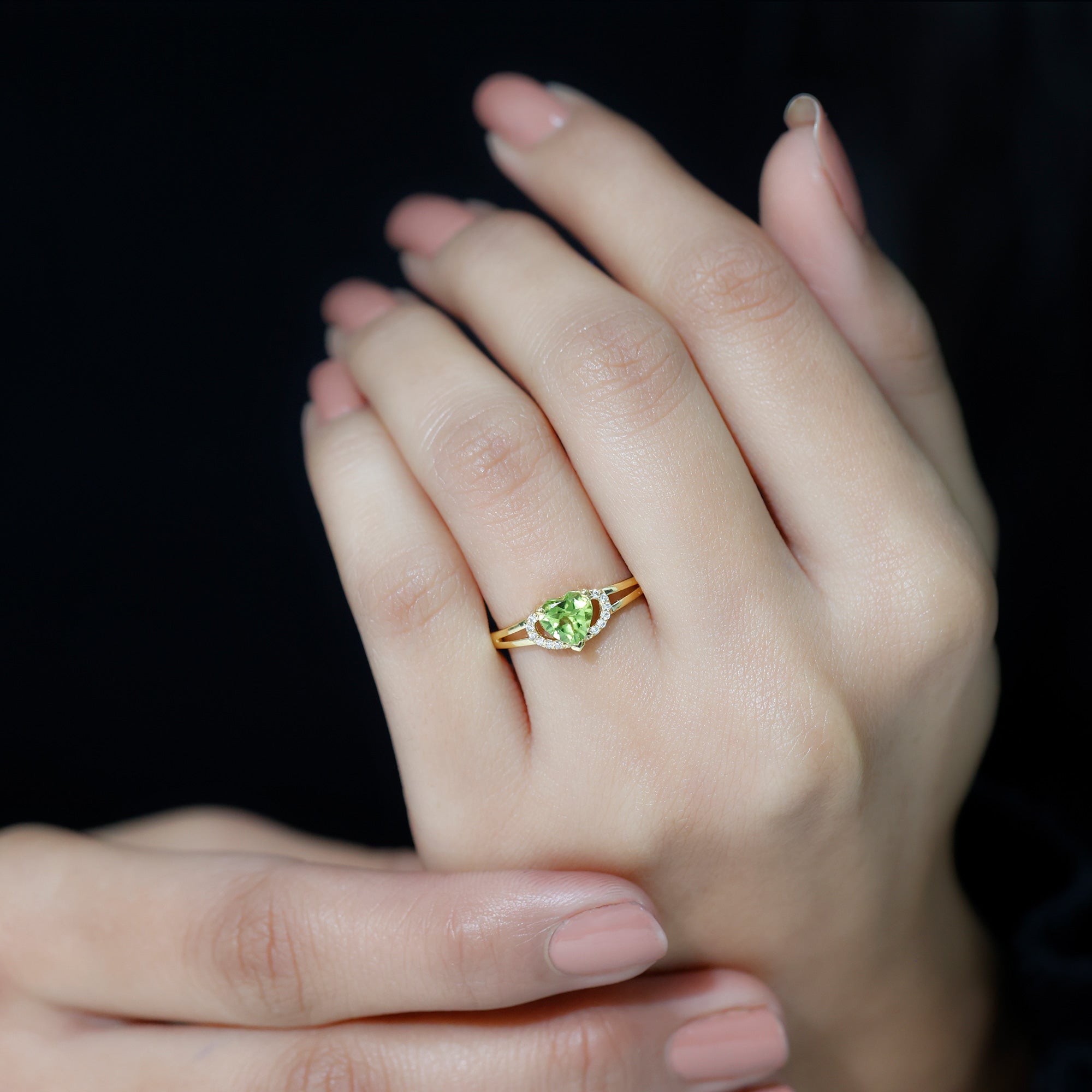 Real Peridot Heart Promise Ring with Diamond Peridot - ( AAA ) - Quality - Rosec Jewels