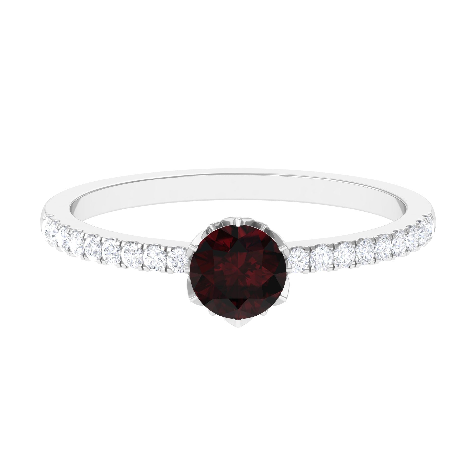 Minimal Garnet Solitaire Promise Ring with Diamond Garnet - ( AAA ) - Quality - Rosec Jewels