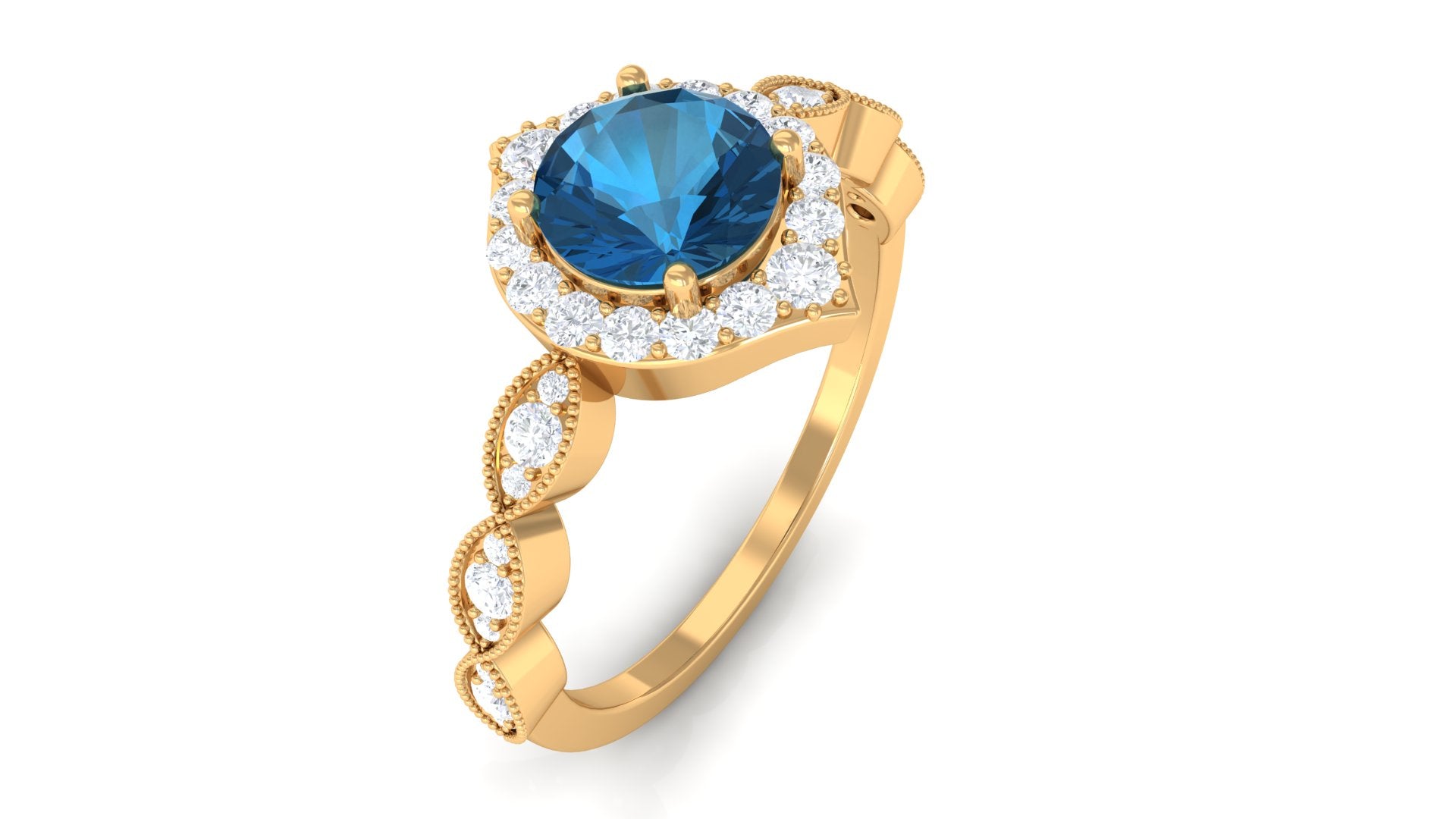 Vintage Style London Blue Topaz Engagement Ring with Diamond London Blue Topaz - ( AAA ) - Quality - Rosec Jewels