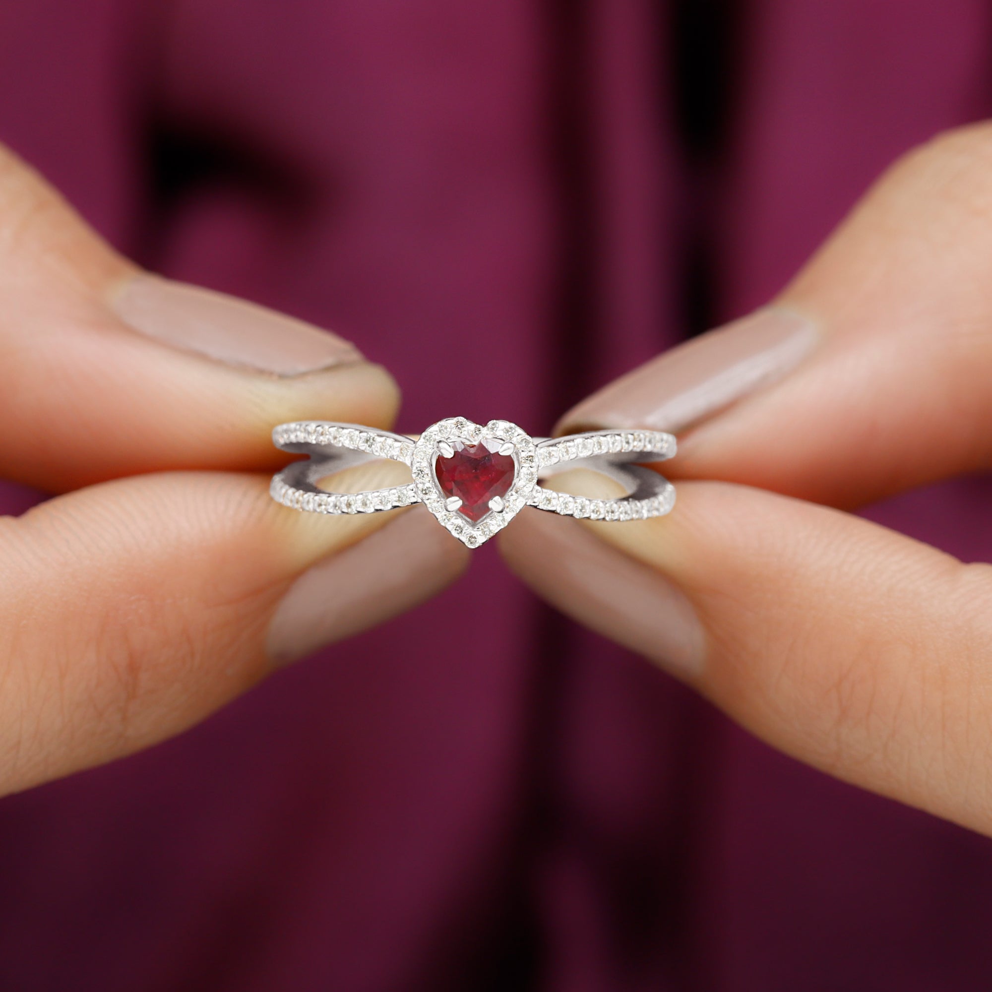 Heart Ruby Split Shank Engagement Ring with Diamond Accent Ruby - ( AAA ) - Quality - Rosec Jewels