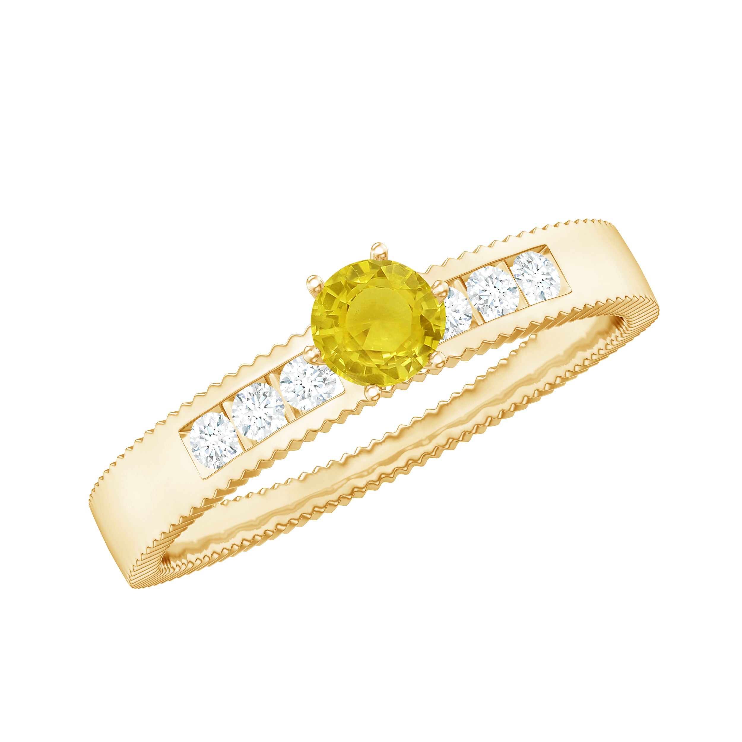 Genuine Yellow Sapphire Solitaire Band Ring with Diamond Yellow Sapphire - ( AAA ) - Quality - Rosec Jewels