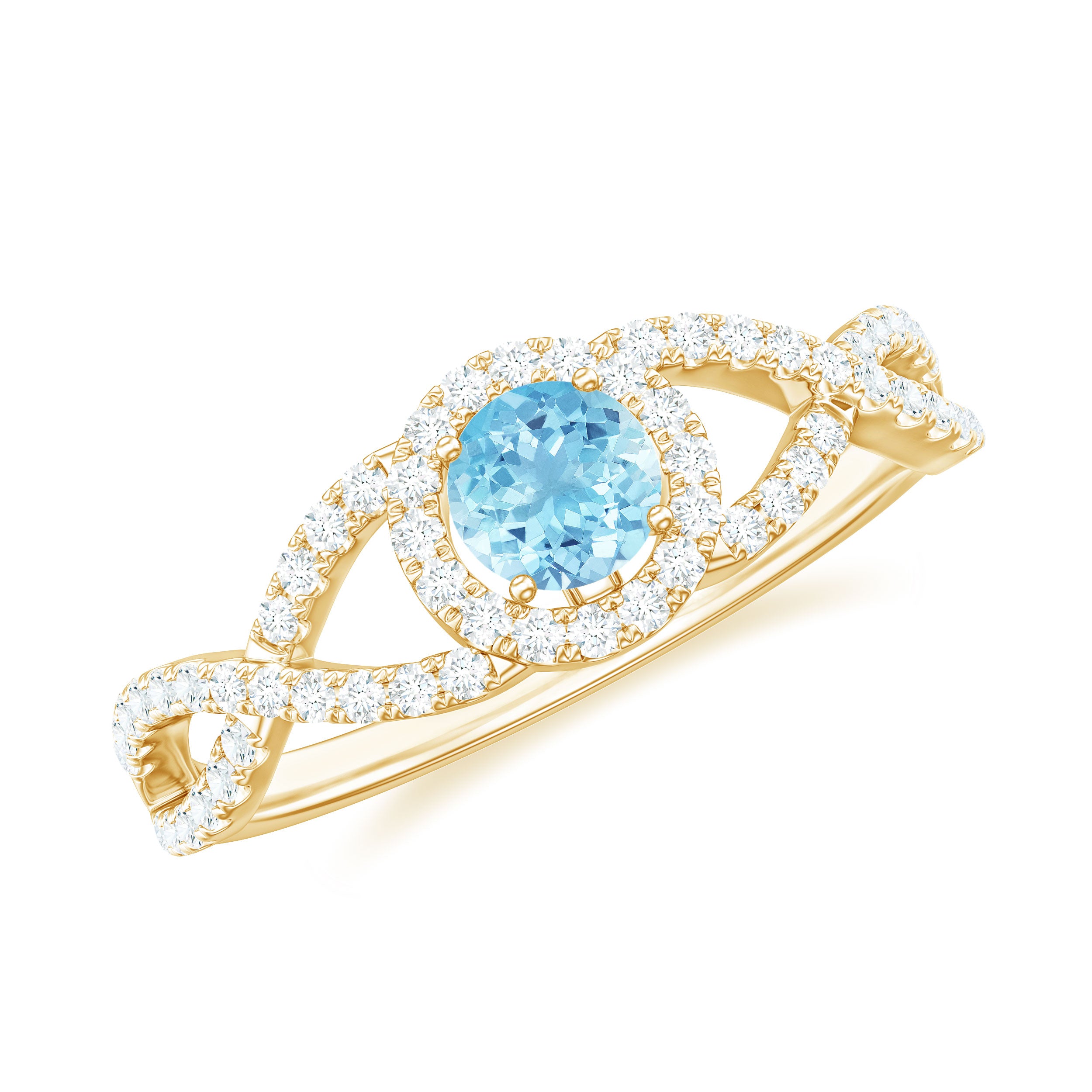 Aquamarine Criss Cross Engagement Ring with Diamond Halo Aquamarine - ( AAA ) - Quality - Rosec Jewels