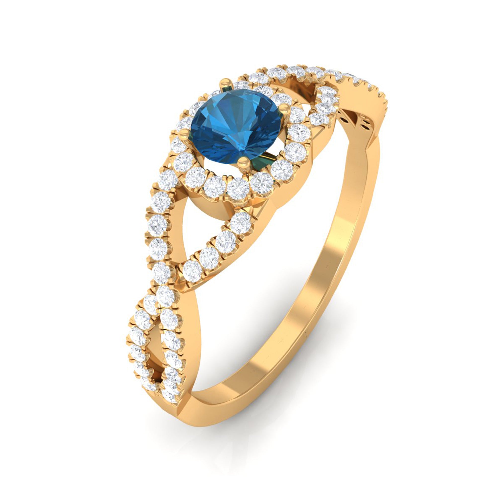 Criss Cross Shank London Blue Topaz and Diamond Halo Engagement Ring London Blue Topaz - ( AAA ) - Quality - Rosec Jewels