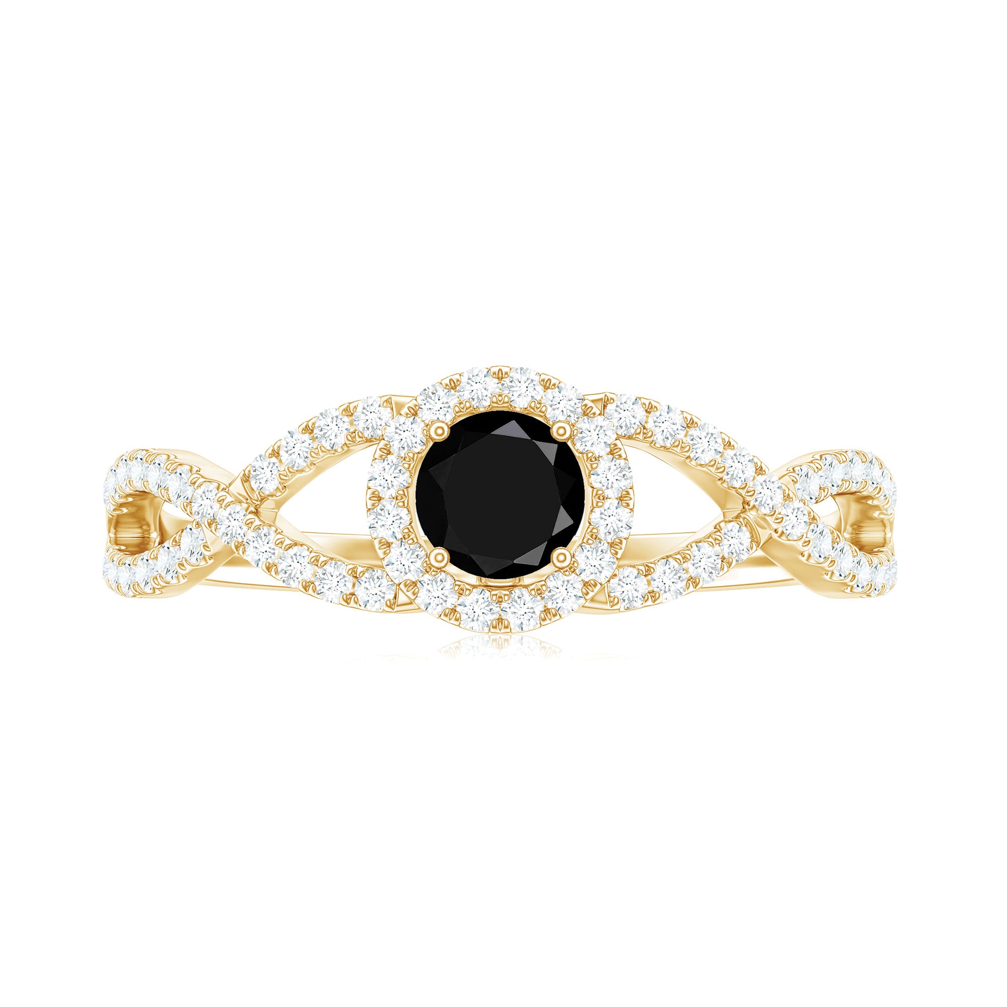 Criss Cross Shank Black Onyx and Diamond Halo Engagement Ring Black Onyx - ( AAA ) - Quality - Rosec Jewels