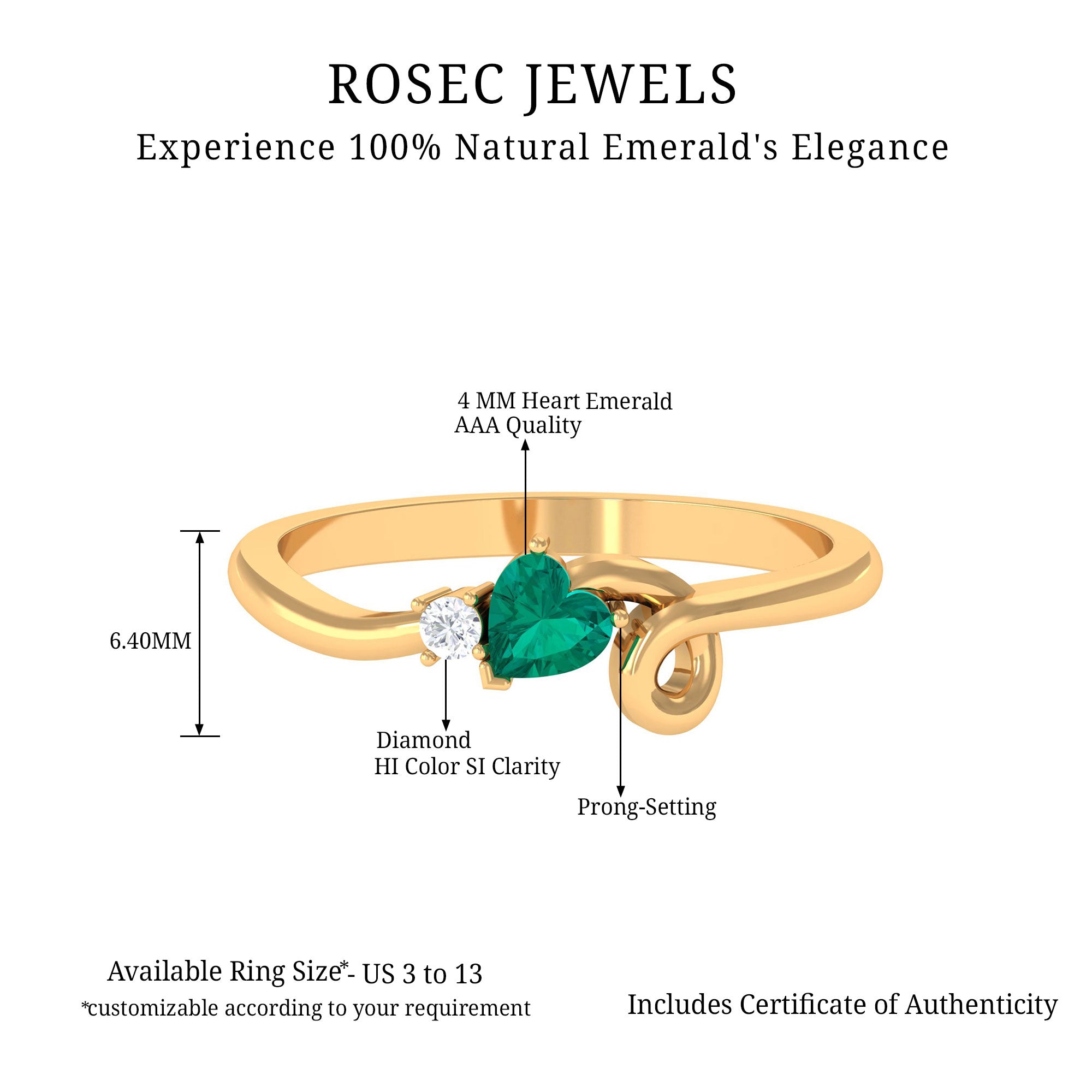 Heart Shape Emerald and Diamond Twisted Promise Ring in Gold Emerald - ( AAA ) - Quality - Rosec Jewels