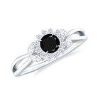 Black Spinel and Diamond Flower Engagement Ring with Split Shank Black Spinel - ( AAA ) - Quality - Rosec Jewels