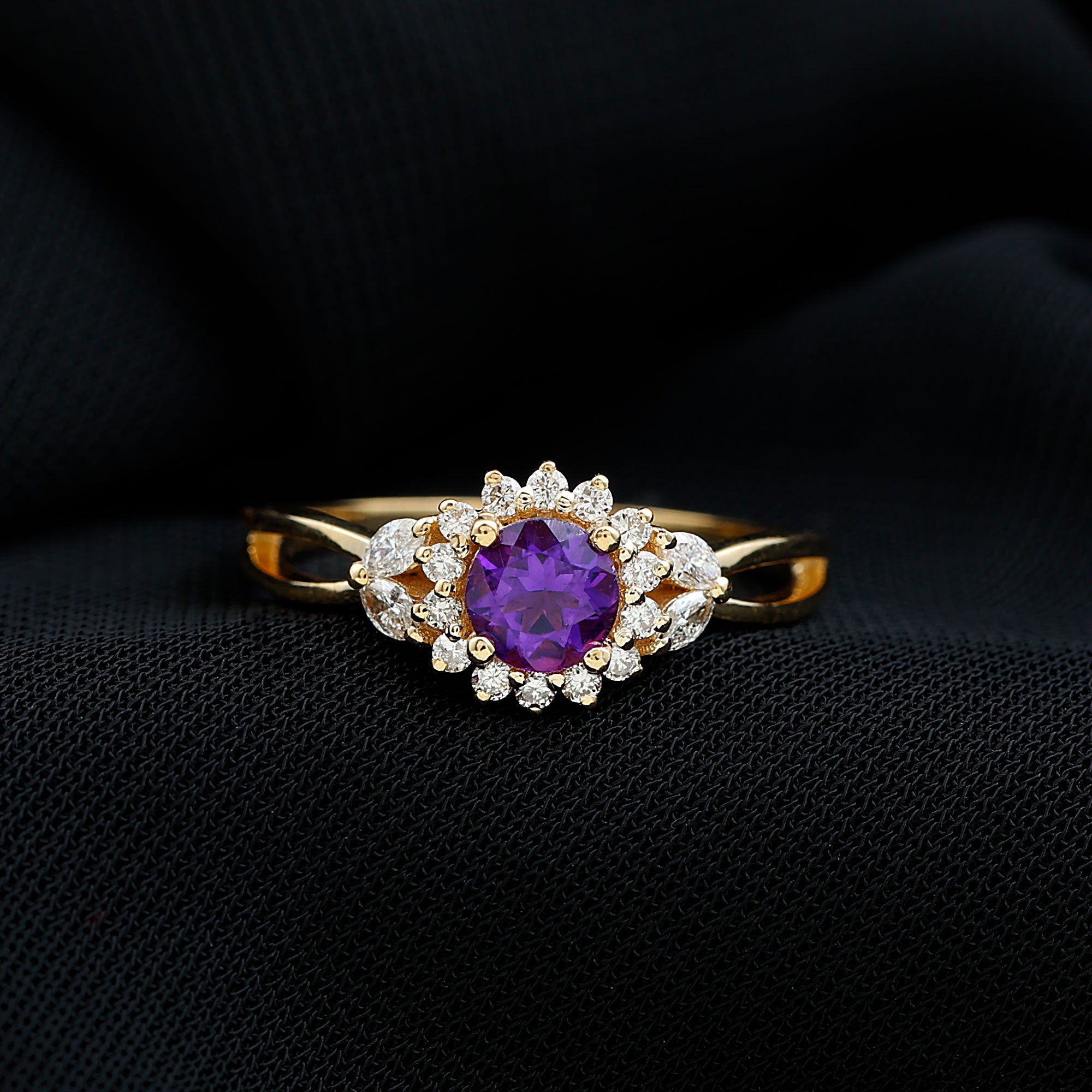 Split Shank Amethyst Flower Engagement Ring with Diamond Amethyst - ( AAA ) - Quality - Rosec Jewels