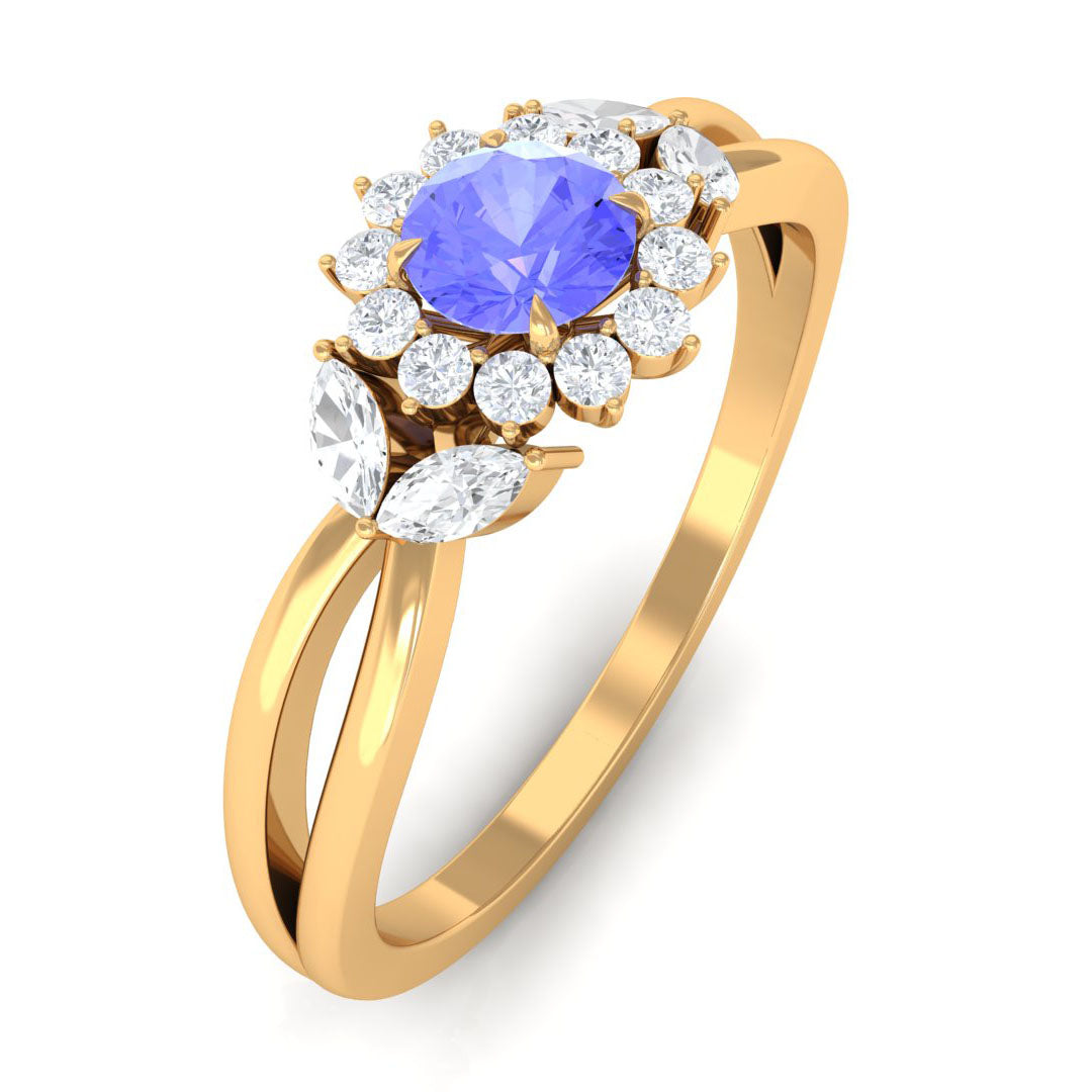 Split Shank Tanzanite Flower Engagement Ring with Diamond Tanzanite - ( AAA ) - Quality - Rosec Jewels