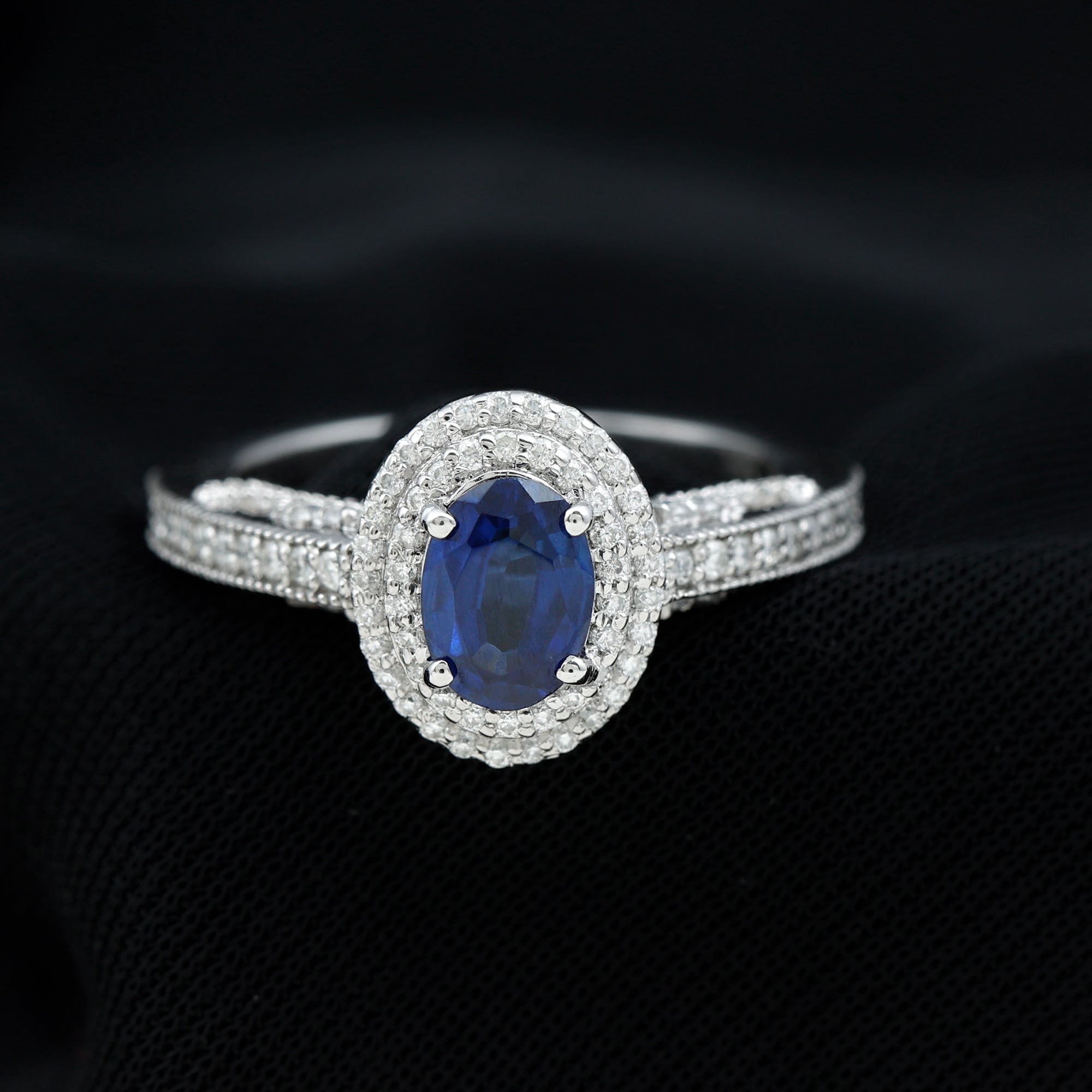 Oval Created Blue Sapphire Double Halo Engagement Ring with Diamond Lab Created Blue Sapphire - ( AAAA ) - Quality - Rosec Jewels